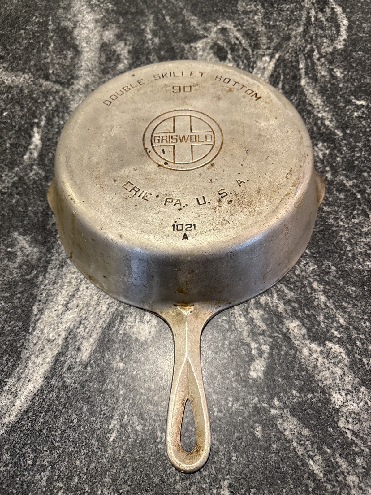 Vintage 1930s Griswold #90 Plated Cast Iron Double Deep Skillet Bottom 1021