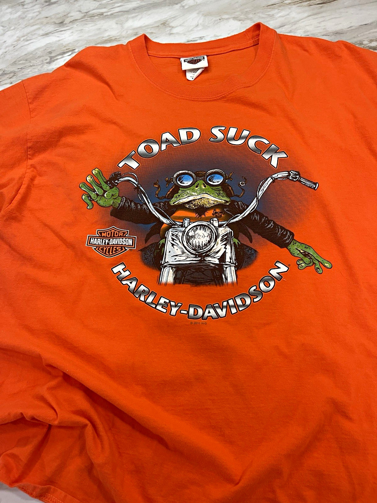 Vintage 2011 Harley Davidson Toad Suck Shirt XL Orange Landers Conway Arkansas