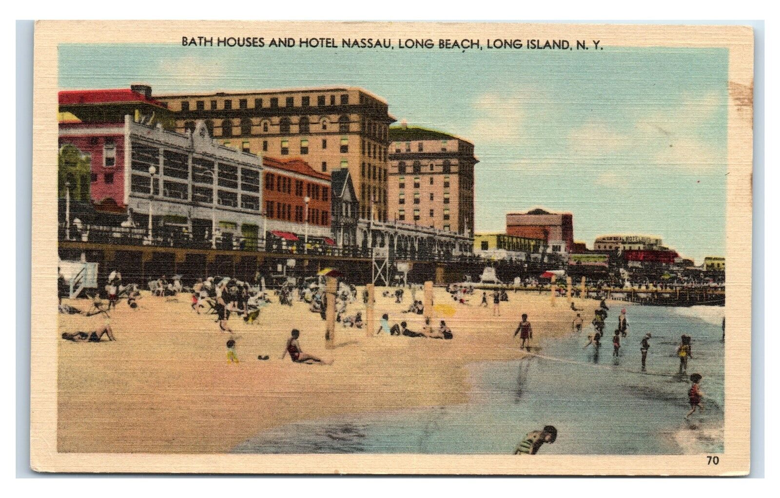 Postcard Bath Houses and Hotel Nassau, Long Beach LI NY linen Y70