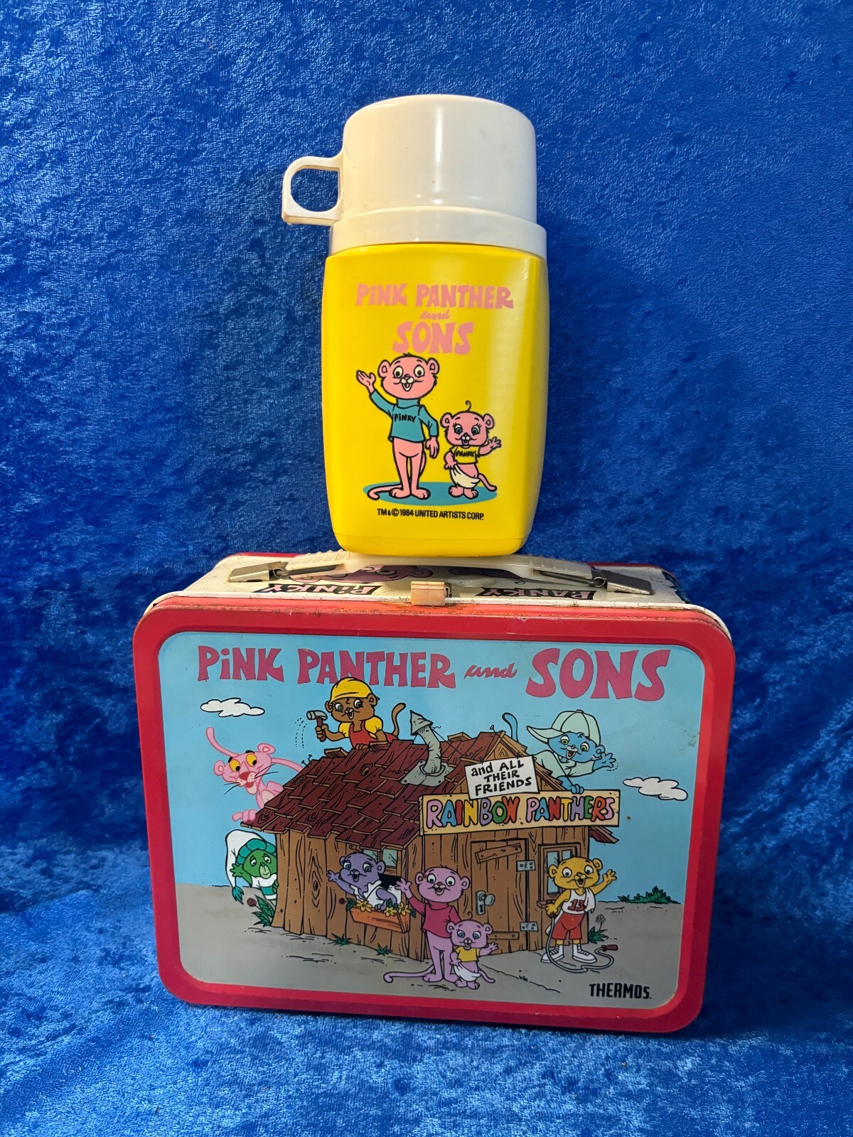 Vintage 1984 Pink Panther & Sons Metal Lunch Box with Thermos Vintage 1984 Pink Panther & Sons Metal Lunch Box with Thermos