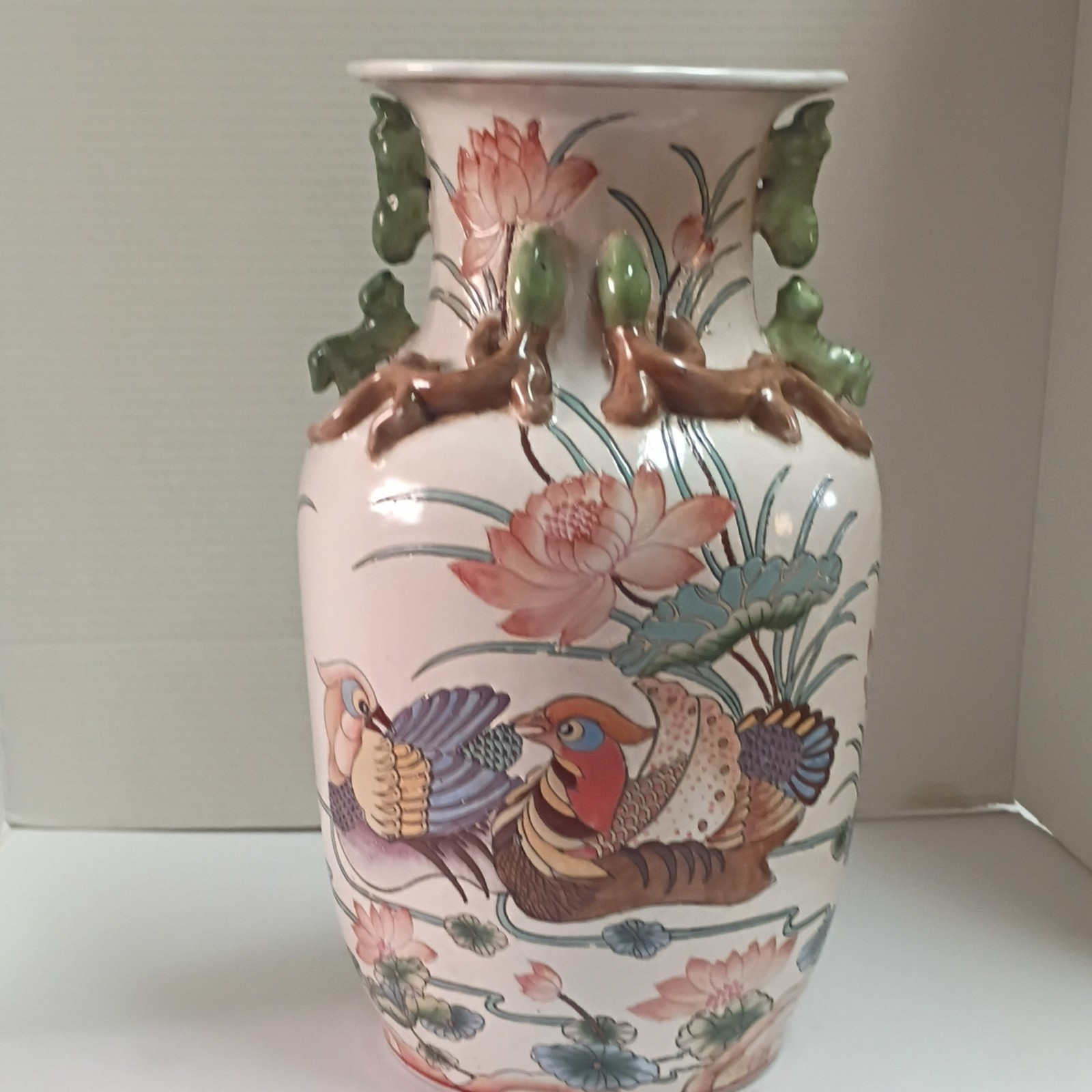 VTG Chinese Famille Rose Chinoiserie Vase Mandarin Ducks Lotus 14\