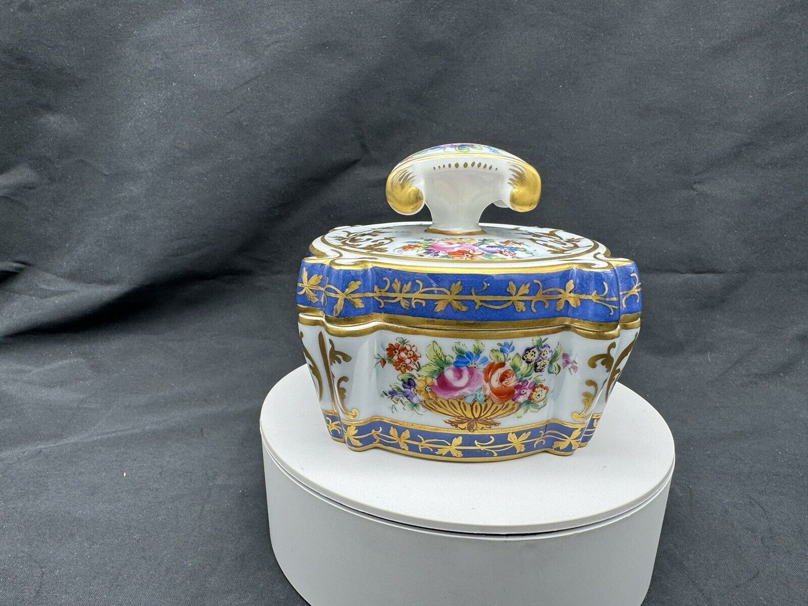 Le Tallec France Porcelain Dresser Box Painted with 4 Bouquets & Raised Gilding