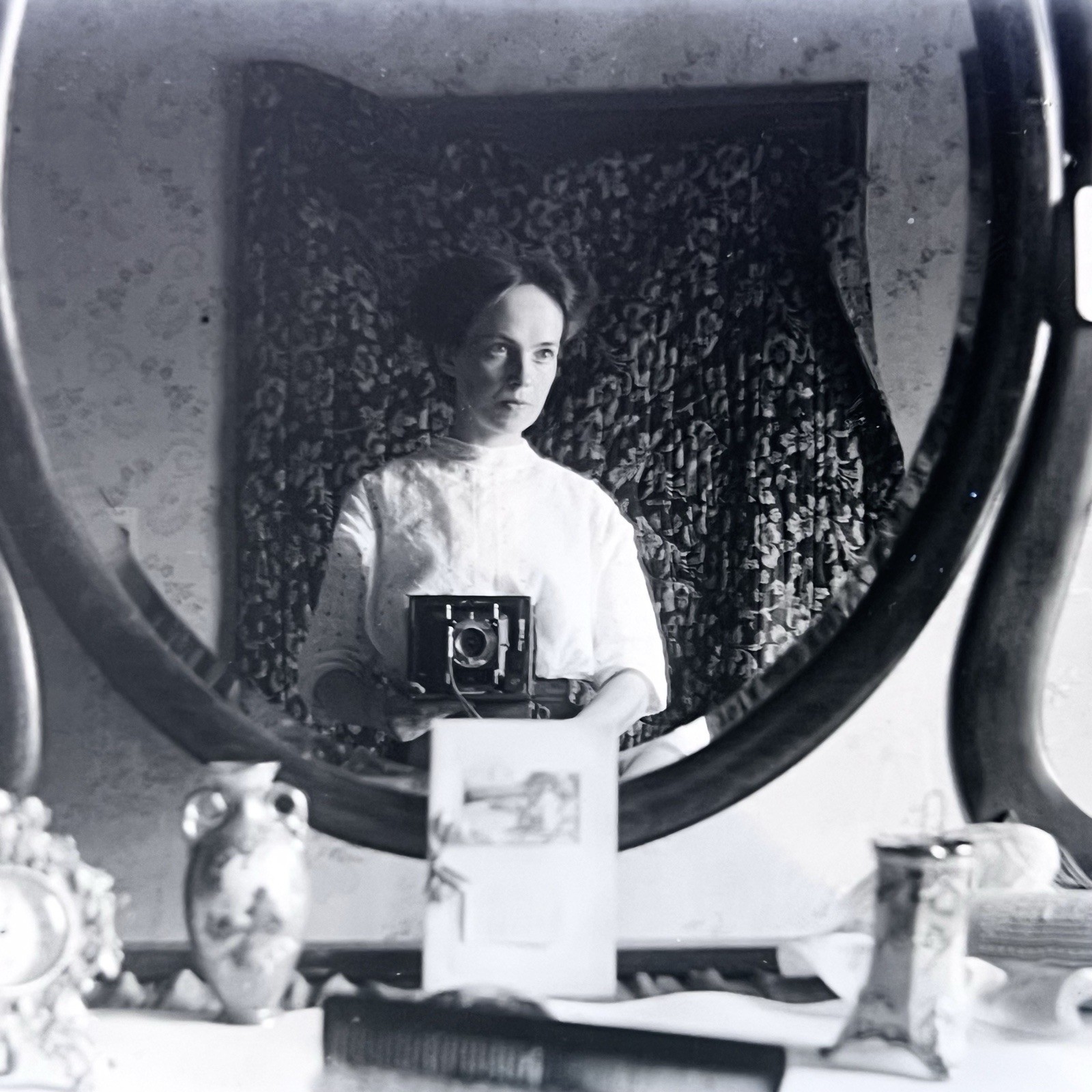 Antique Original Glass Photograph Negative Woman Mirror Selfie Beauty Camera Odd