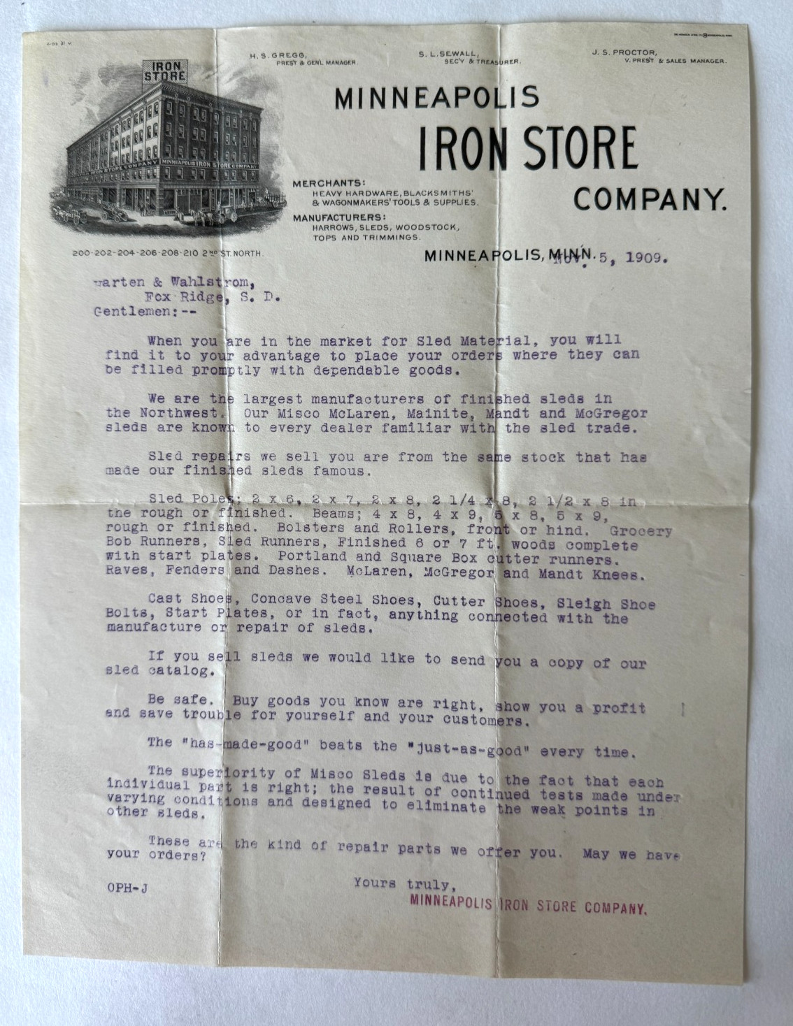 Vintage 1909 Letterhead Minnesota Minneapolis Iron Store Co building vignette