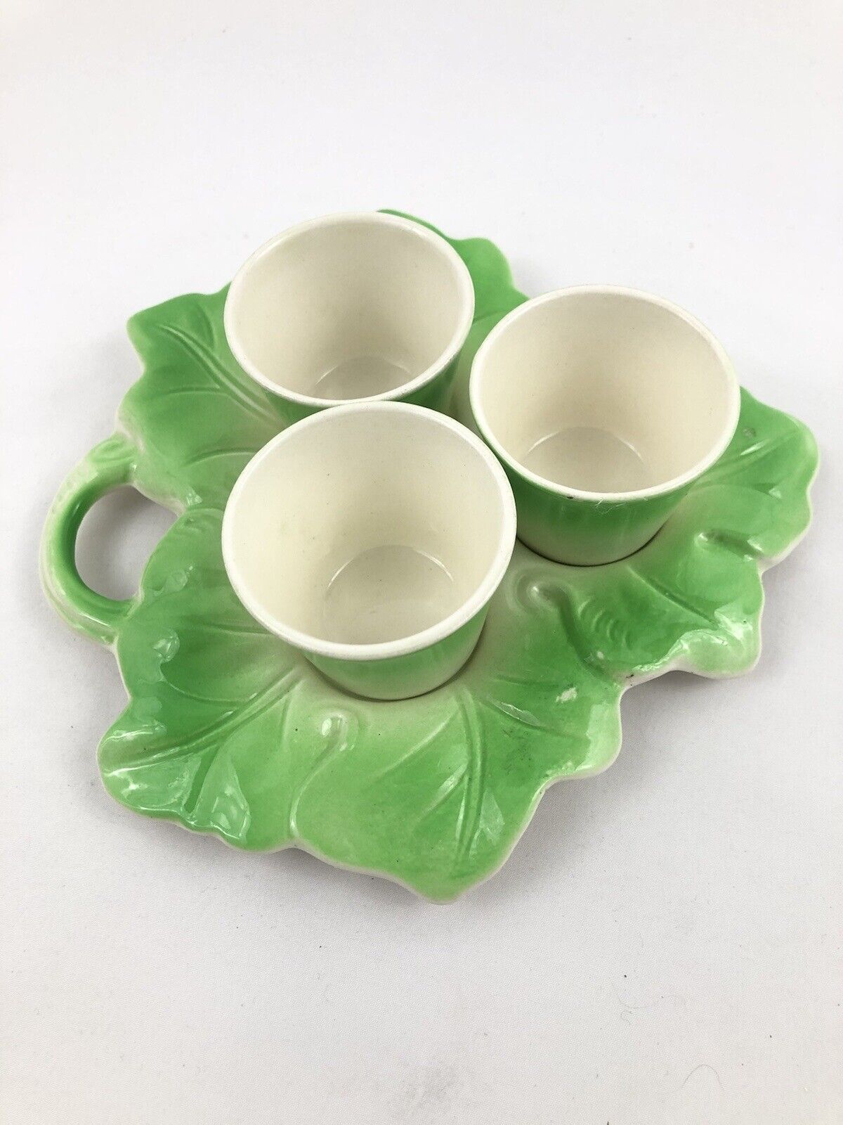 English Tea Cup Set Green Glaze Leaf Shaped Pottery Made In England