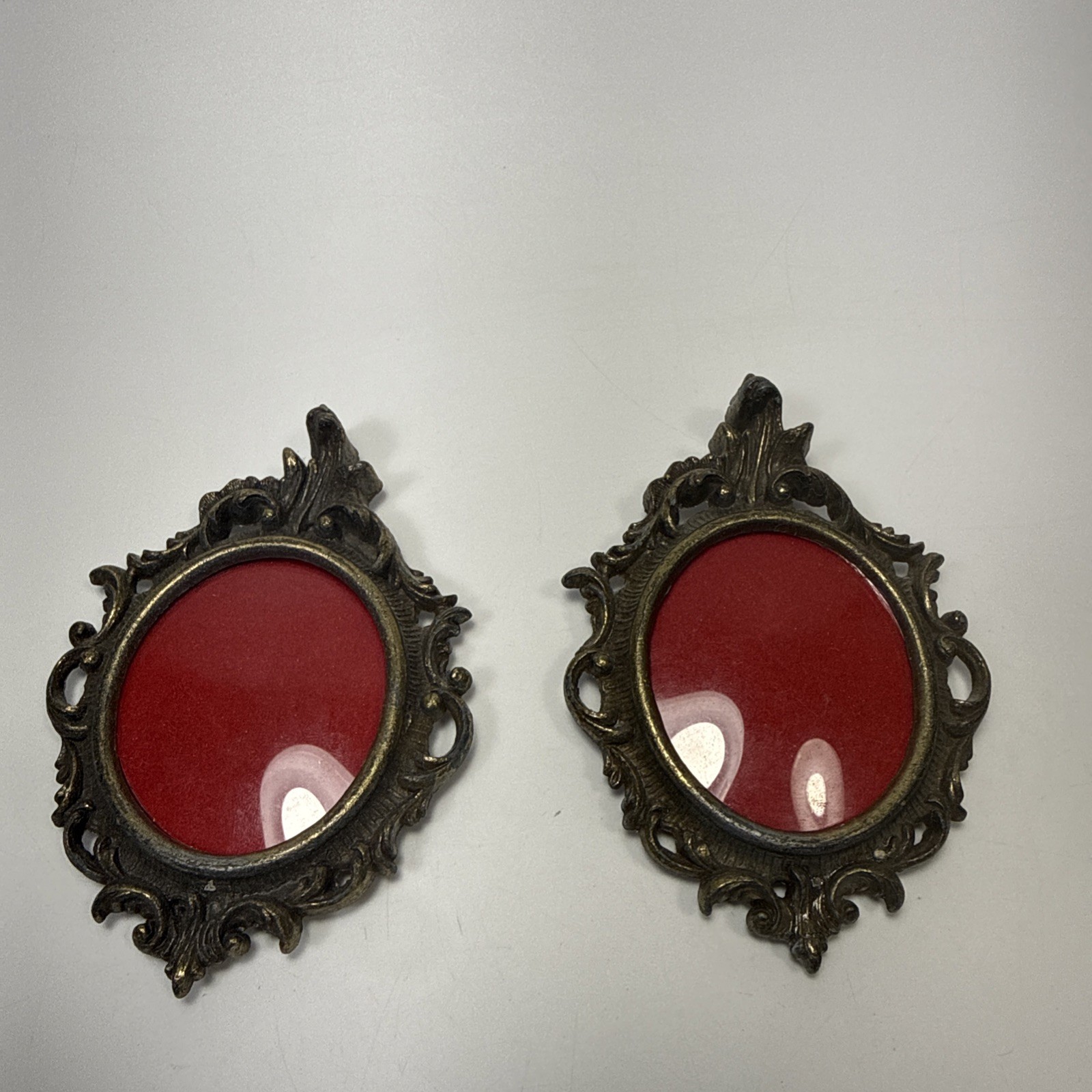 2x Antique Convex Mini Glass Picture Frames Ornate Metal Italy D1