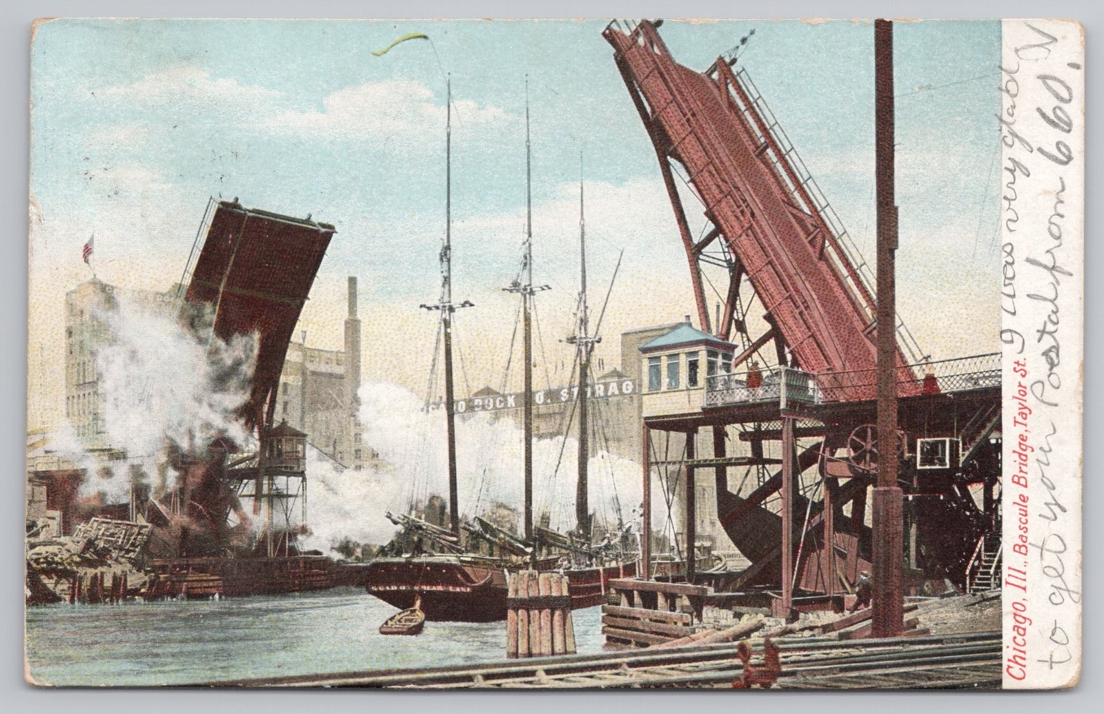 Vintage Chicago IL Postcard Taylor St. Bascule Bridge Posted 1908 UDB