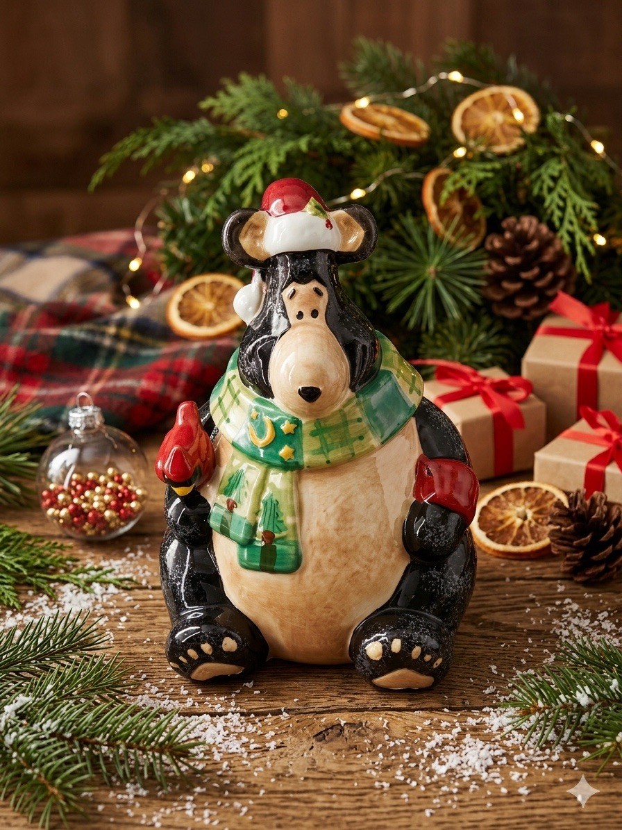 Vintage WCL Christmas Black Bear Ceramic Cookie Jar with Cardinal Holiday