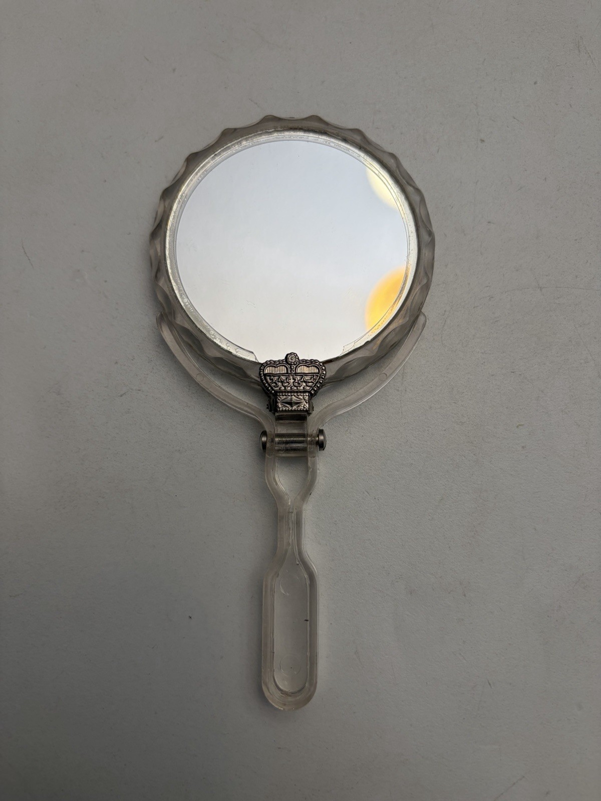 Vintage Clear Folding Lucite Hand Vanity Mirror Stand Crown Motif Hinge Vintage Clear Folding Lucite Hand Vanity Mirror Stand Crown Motif Hinge