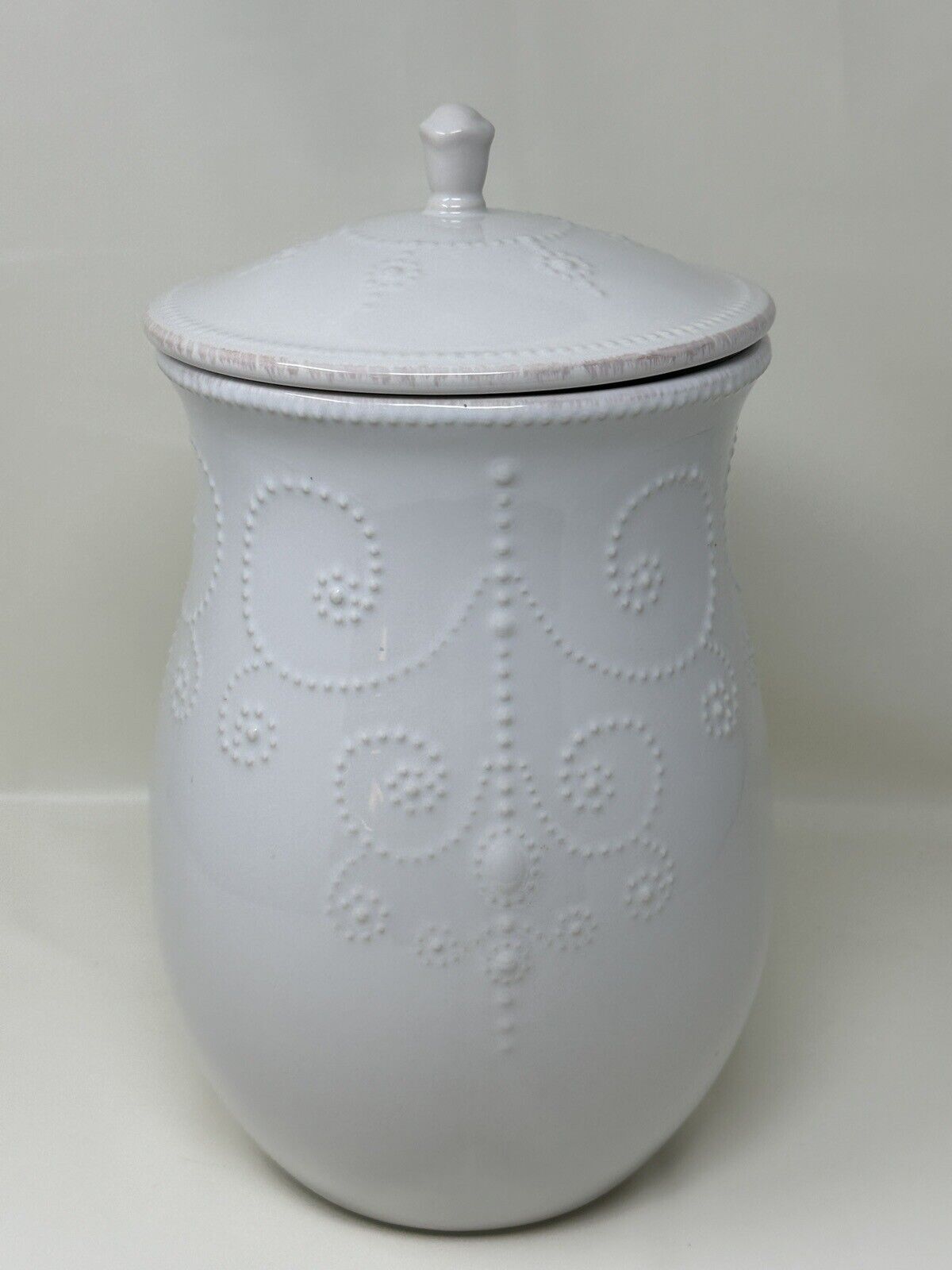 Lenox French Perle 12.5 Inch Canister Raised Beaded Scalloped White Ceramic