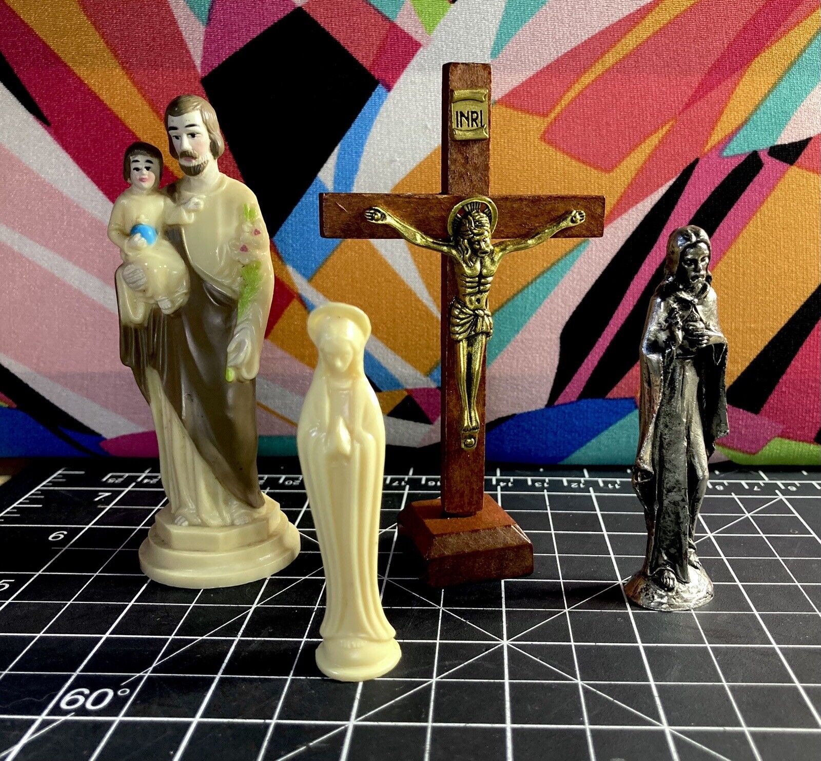 Lot Of 4 Miniature Vintage Religious Statues Catholic Plastic Metal & Wood