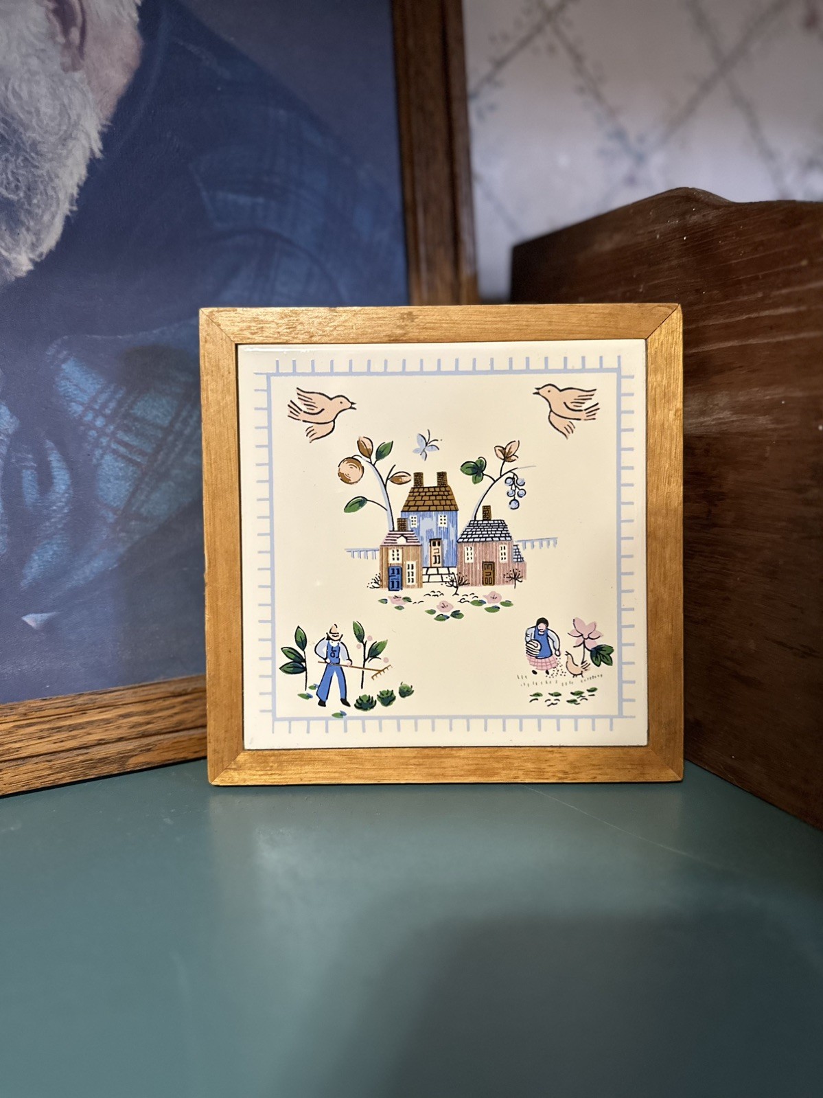 Vintage 1980s Heartland  Country Village Ceramic Trivet With Wood Base 7.5 x 7.5