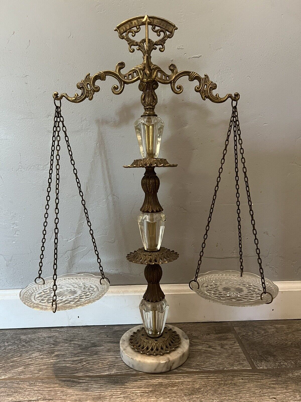 Scales of Justice  Decorative Crystal Glass Brass Marble Decoration 23” MCM Vtg