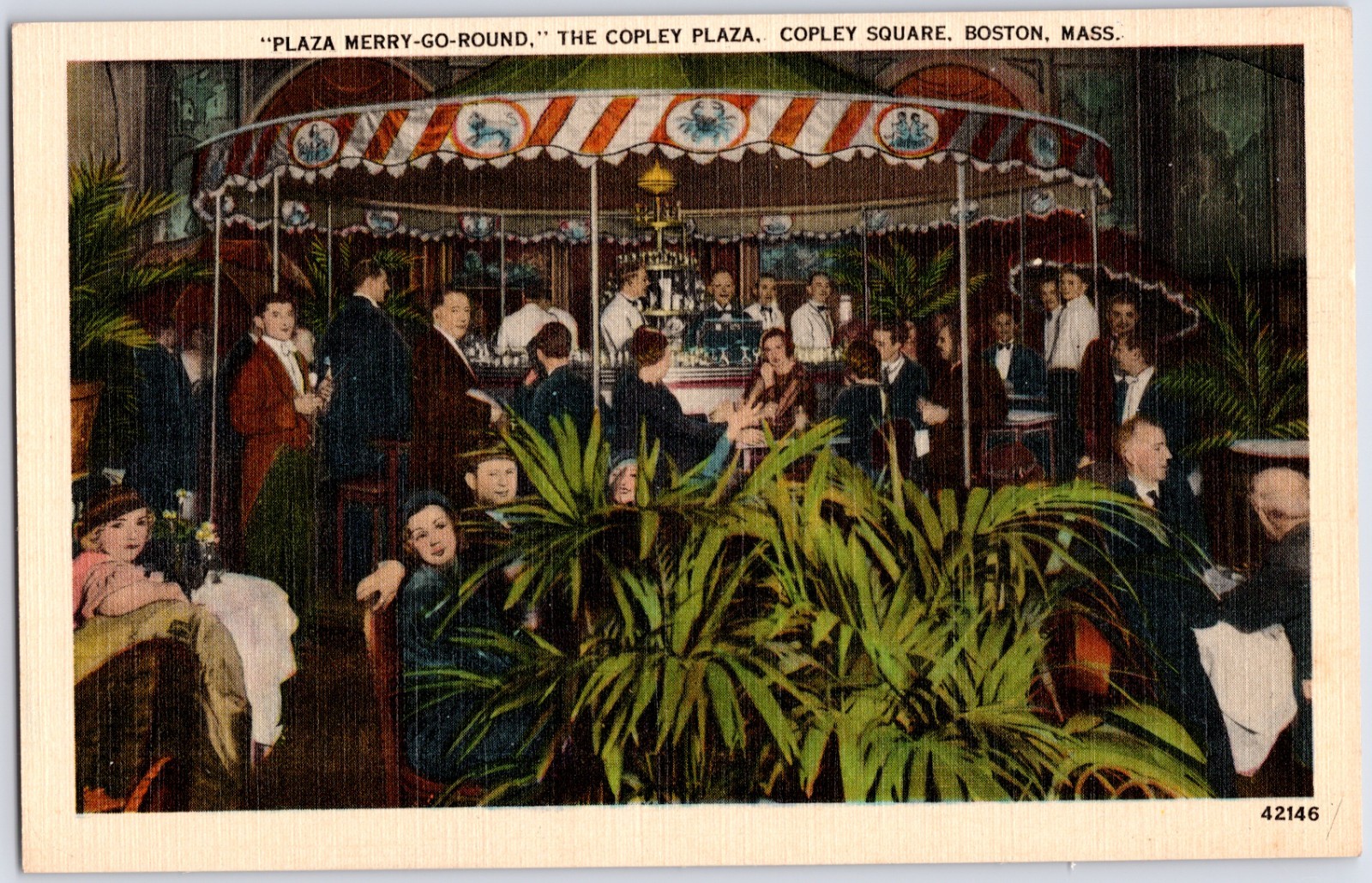 VINTAGE COPLEY PLAZA MERRY GO ROUND BAR BOSTON MASSACHUSETTS LINEN POSTCARD PC