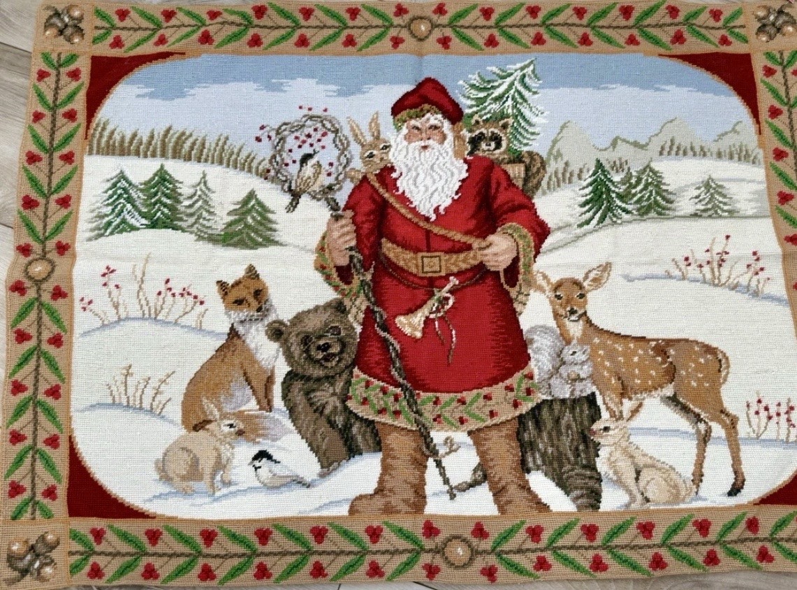 Christmas Tapestry C&F Ent. Wool Needlepoint Santa Woodland Animal 42X30 VTG NWT
