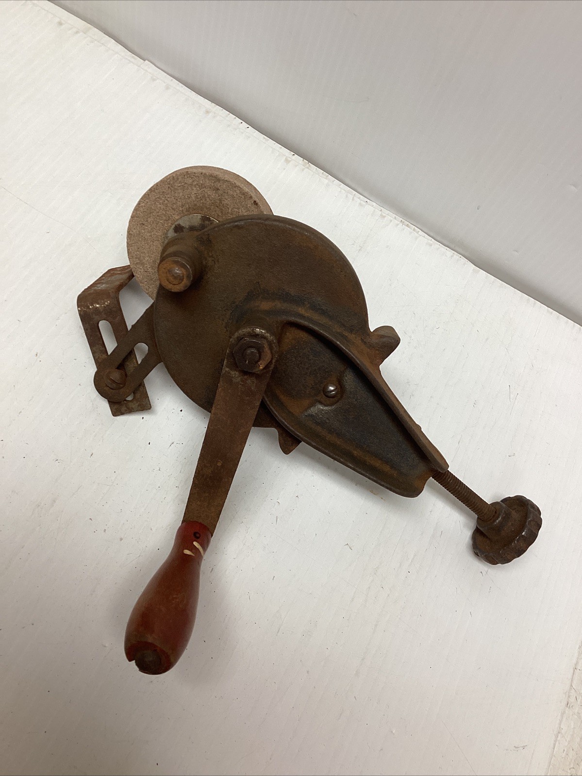 Vintage Barn Find Clamp On Hand Crank Bench Grinder~Wood Handle~3-1/4” Stone