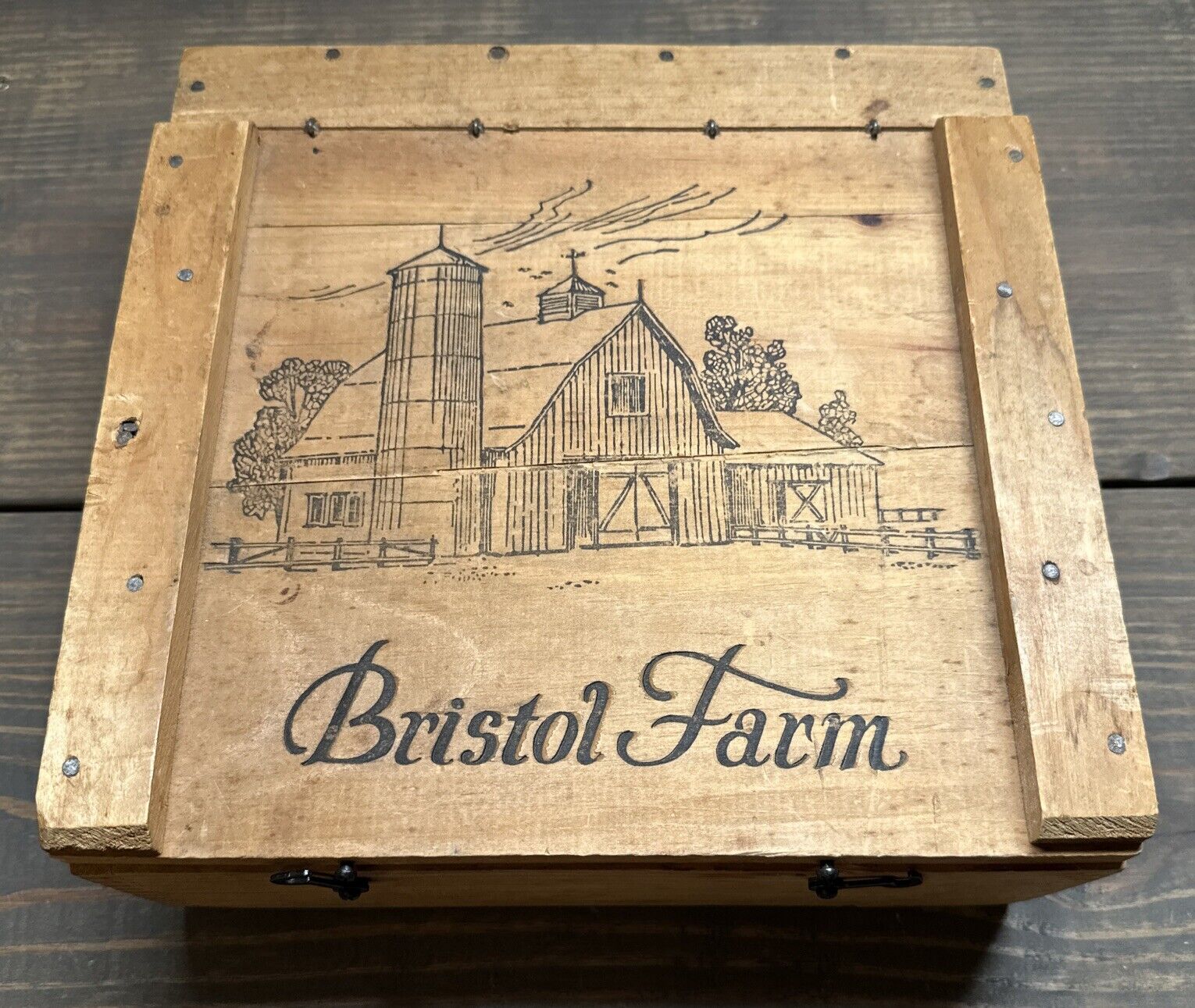 Vintage Bristol Farm Rustic Wood Fruit Box With Hinged Lid Etched Design 11x11.2