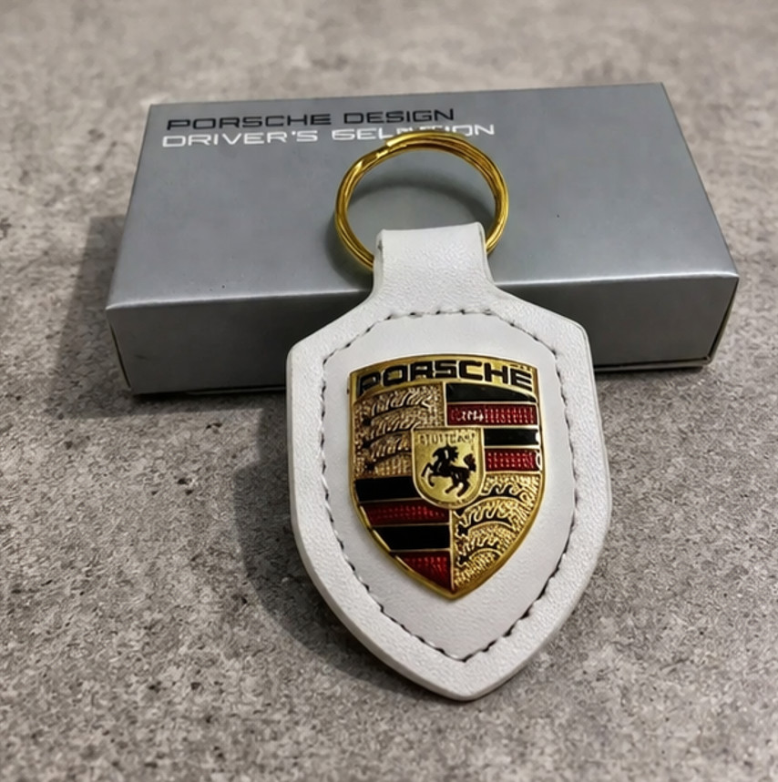 Porsche Crest Key Ring White Leather Key Chain Rare Japan Unused Gift Fast Ship