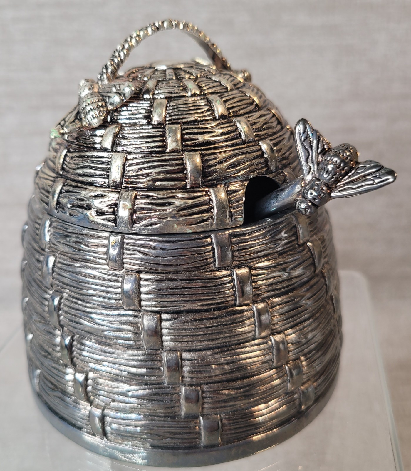 Godinger Art Beehive Honey Pot w/ Lid & Bee Honey Dipper Silver Plate Complete