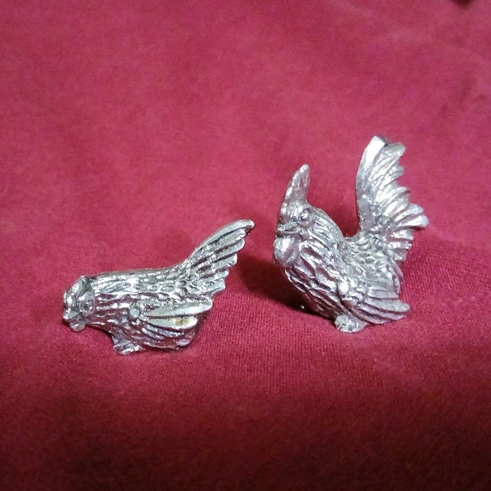 Pewter Rooster and Hen Chicken Figurine Set Collectible Silver Tone 3 in