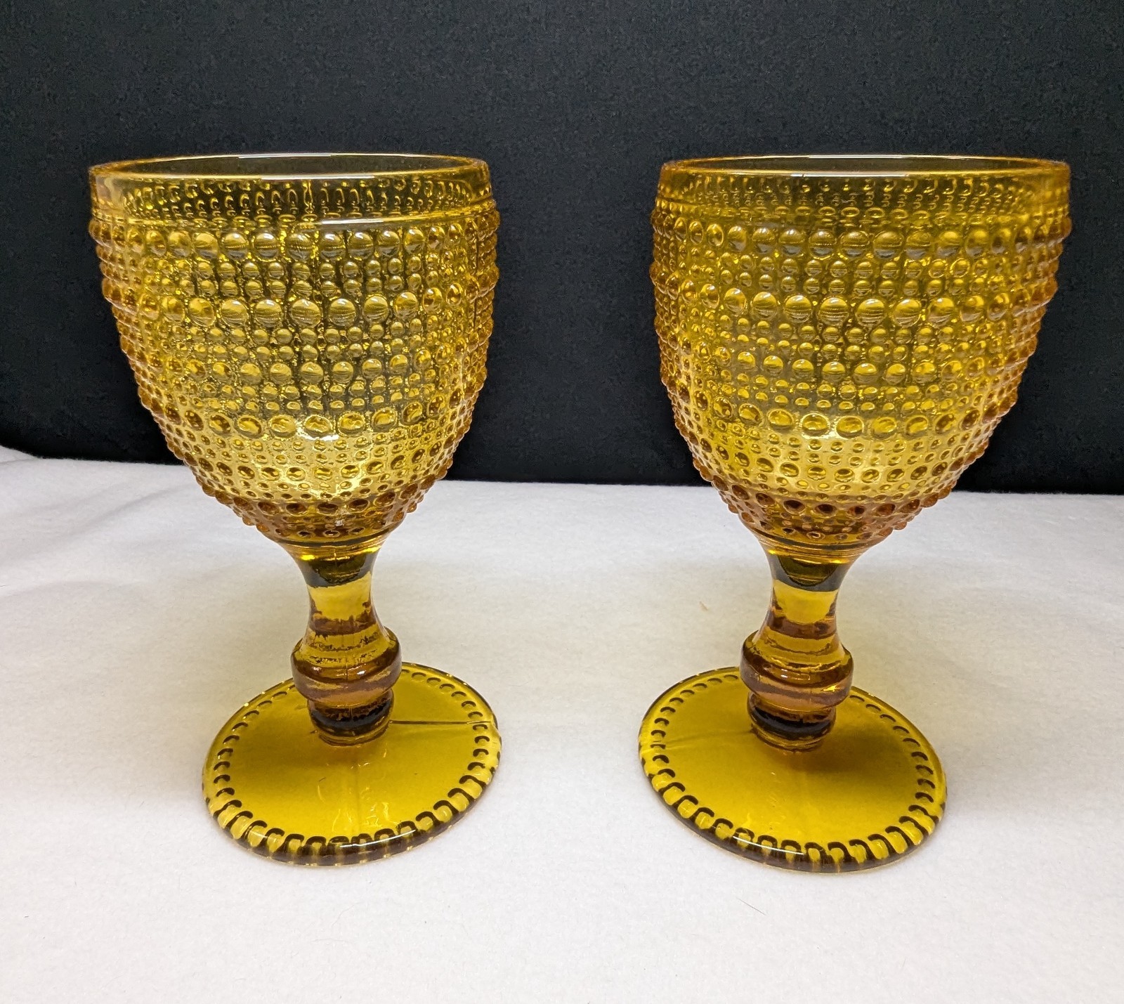 Vintage Nanny Still Grapponia Hobnail Amber Glass Goblet Pair (2)