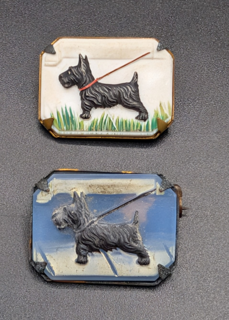 Vintage Early Plastic With Metal Frame Scottie Dog Pins