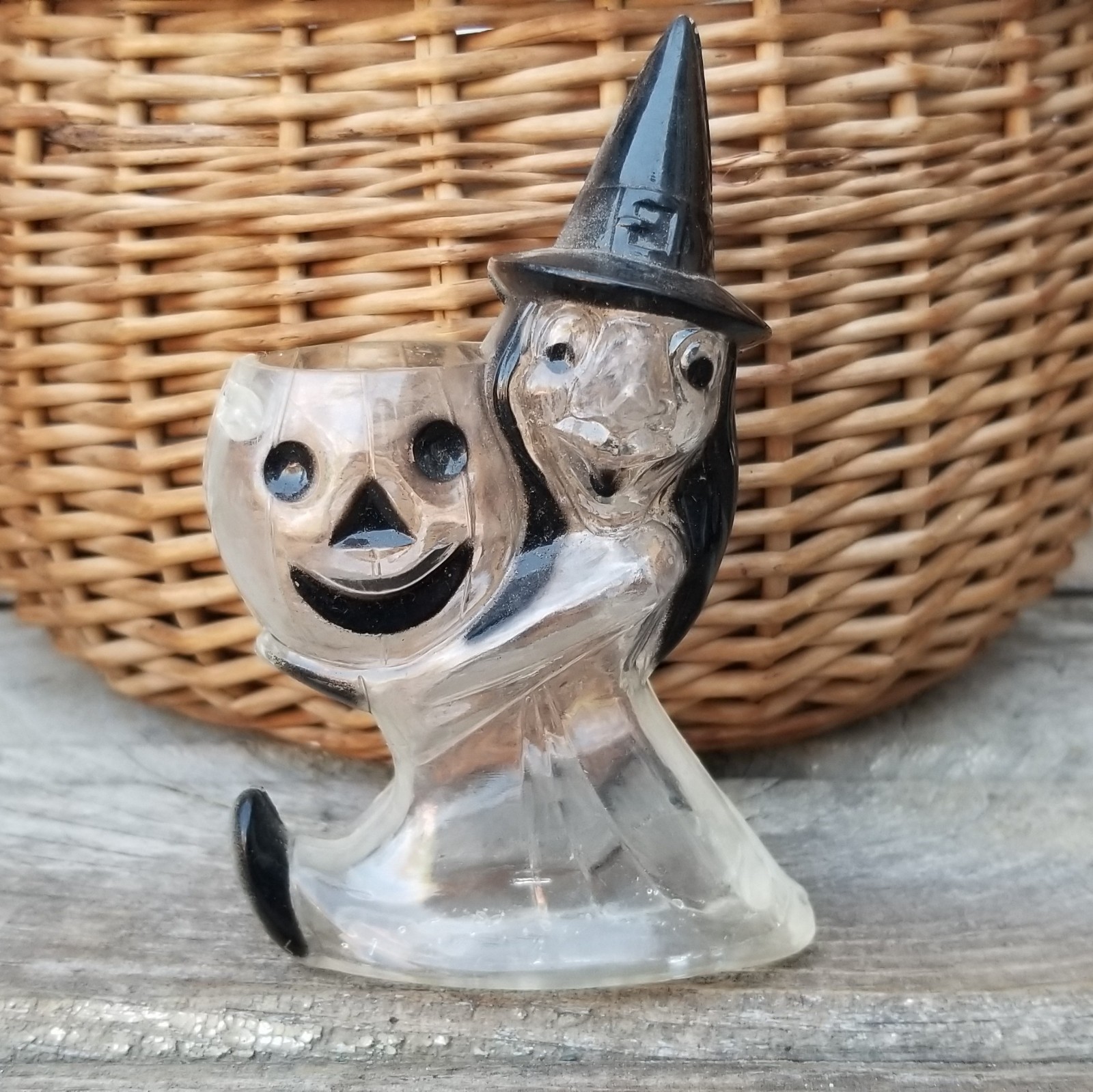 Rare Vintage Rosbro Clear Witch JOL Candy Container Plastic Halloween 1950s READ