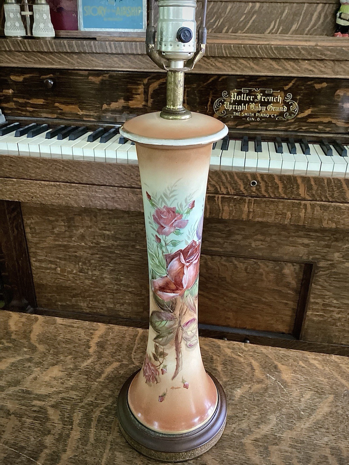 : Lamp Antique Hand Painted Porcelain Rose Floral Signed G Baphin Gilded Base