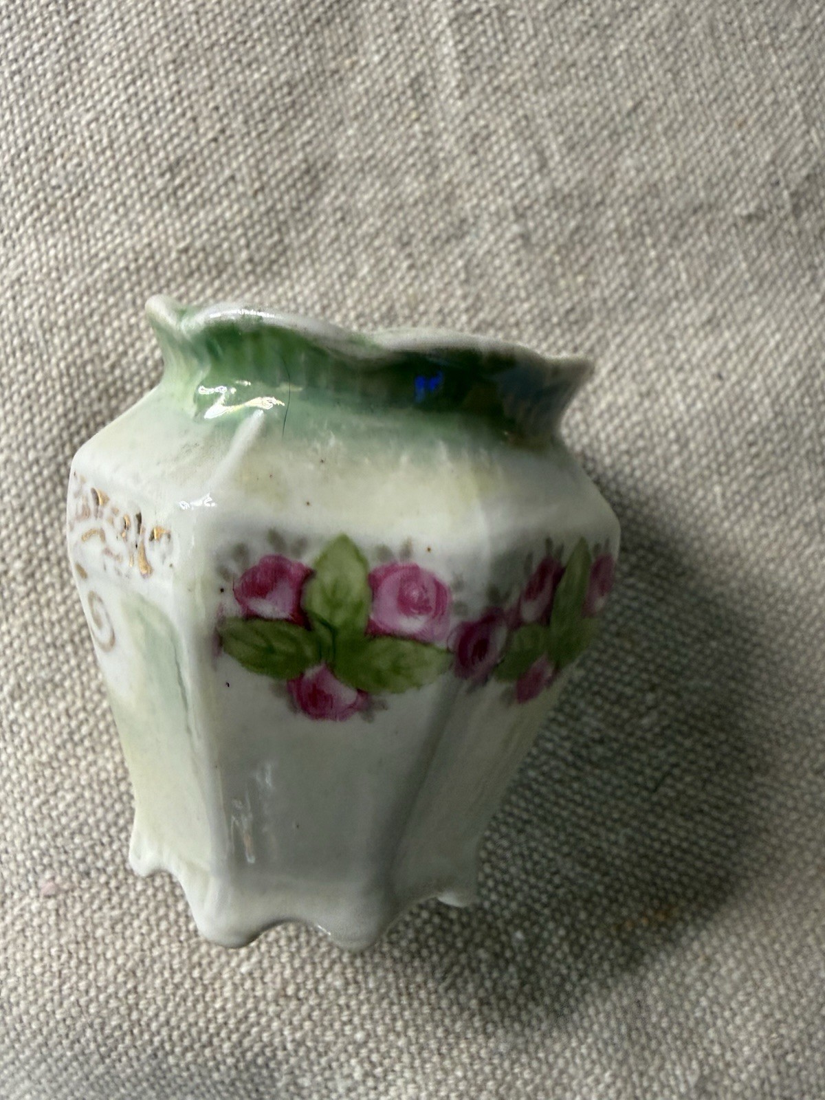 Antique Bavaria Germany Miniature Porcelain Vase Pink Roses Green Gold Trim