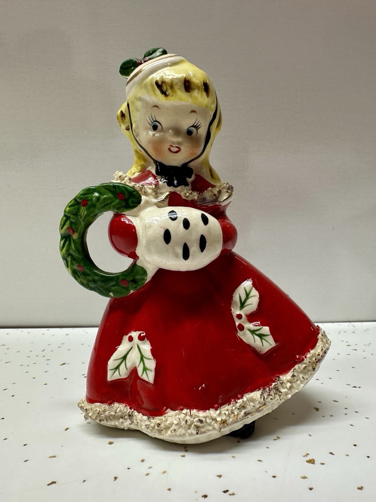 Vintage 50s RELCO Japan Christmas Shopper Girl Figurine Red Dress Spaghetti Trim