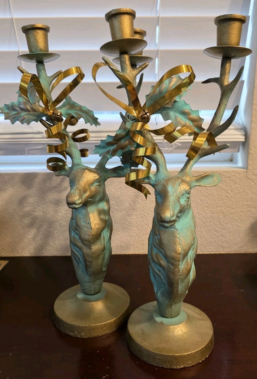 Vtg Dept 56 Cast Iron Deer Antler Bust Candlestick Holder 14\