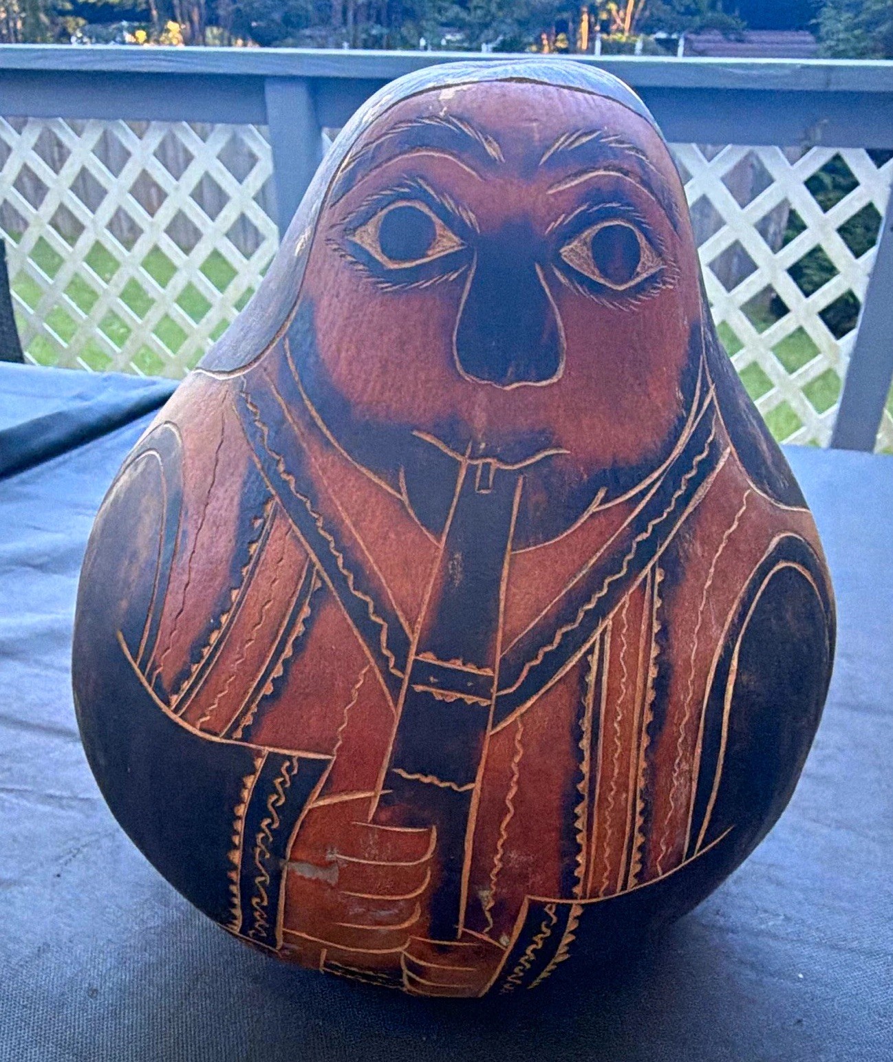 Vintage Peruvian Carved Gourd Shaker Rattle signed EM Cochas Chico Peru Folk Art