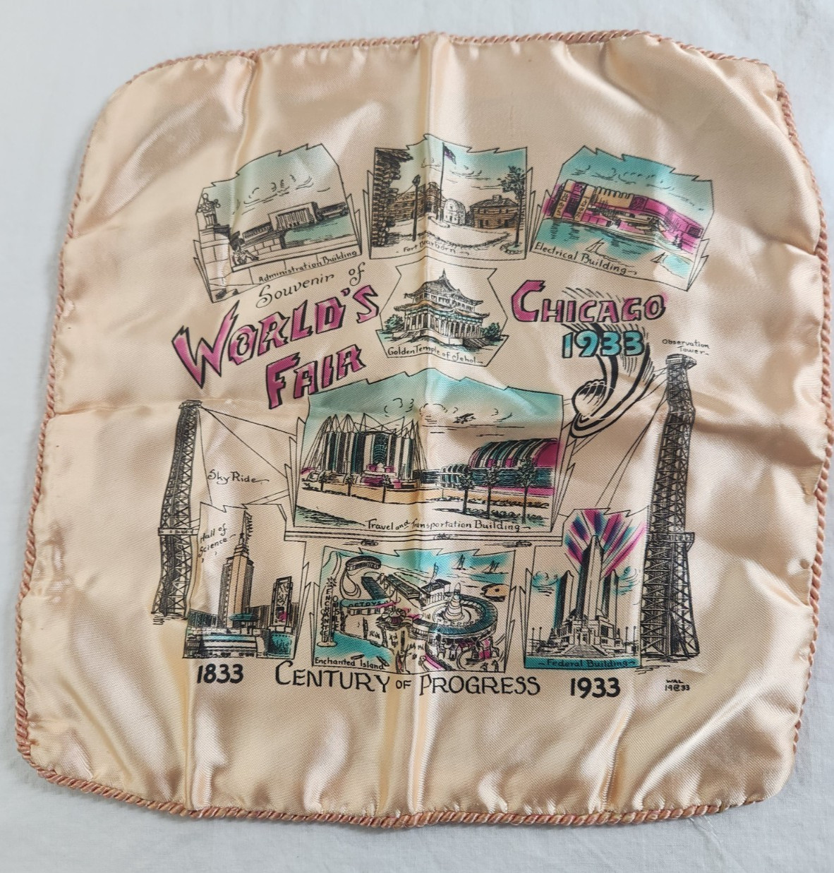 Antique 1934 Chicago Worlds Fair Souvenir Satin Banner/Small Pillow Cover