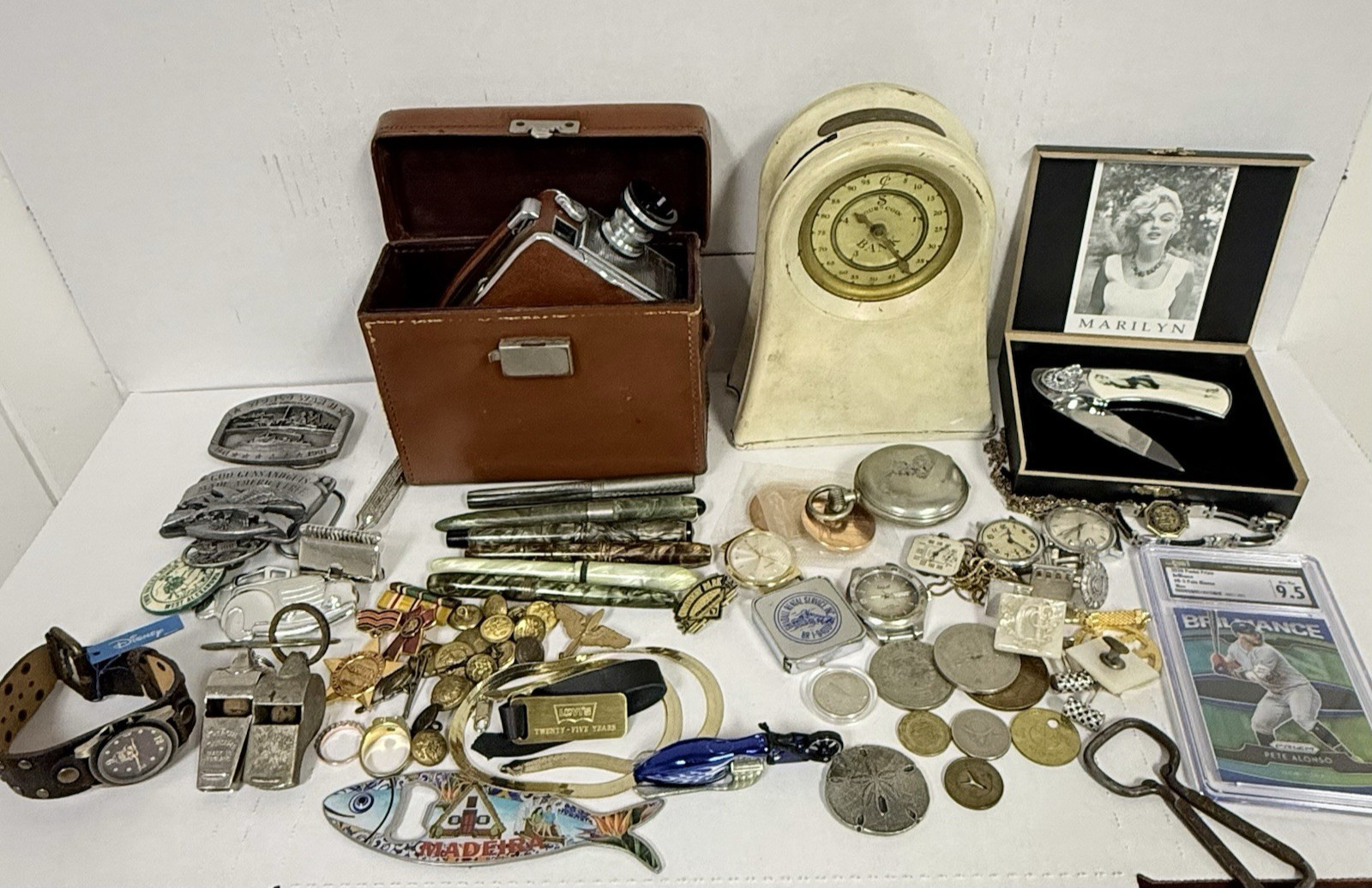 HUGE VINTAGE JUNK DRAWER LOT MILITARY WATCHES CAMERA SPORTS CARD JEWELRY BANK