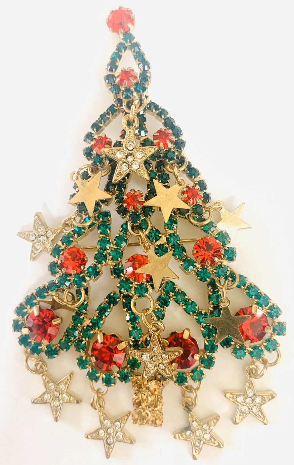 Vintage Extra Large Red Green Rhinestones Gold Christmas Tree Pin Brooch