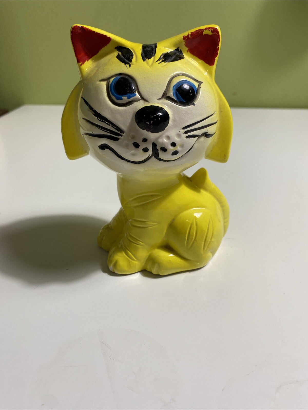 Vintage Yellow Ceramic Cat Coin Bank Blue Eyes Hand Painted Retro Figurine
