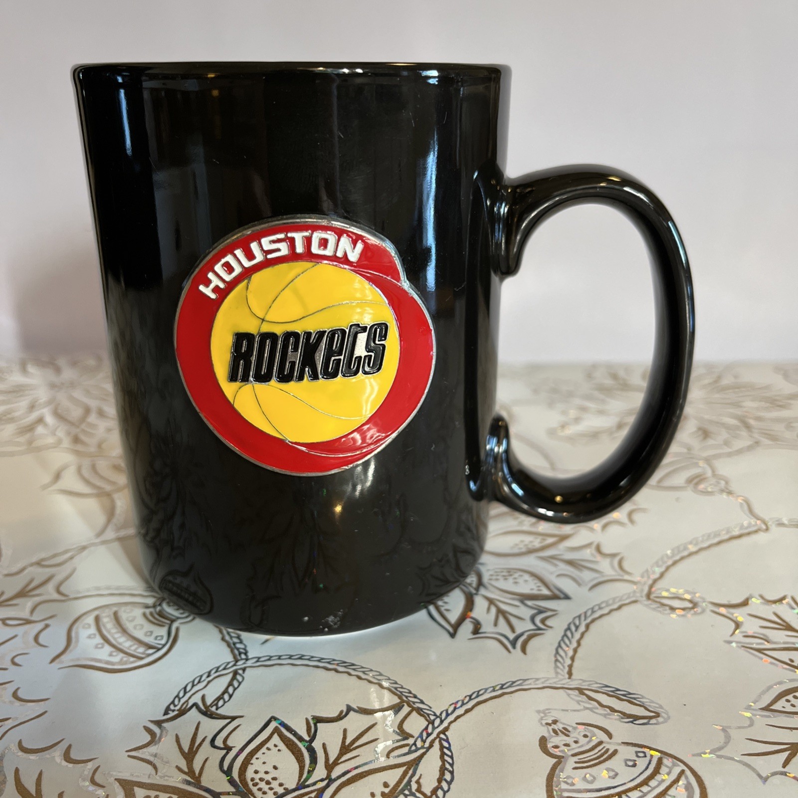 Vintage Houston Rockets Ceramic Coffee Mug 4 3/4” Black With Metal Logo