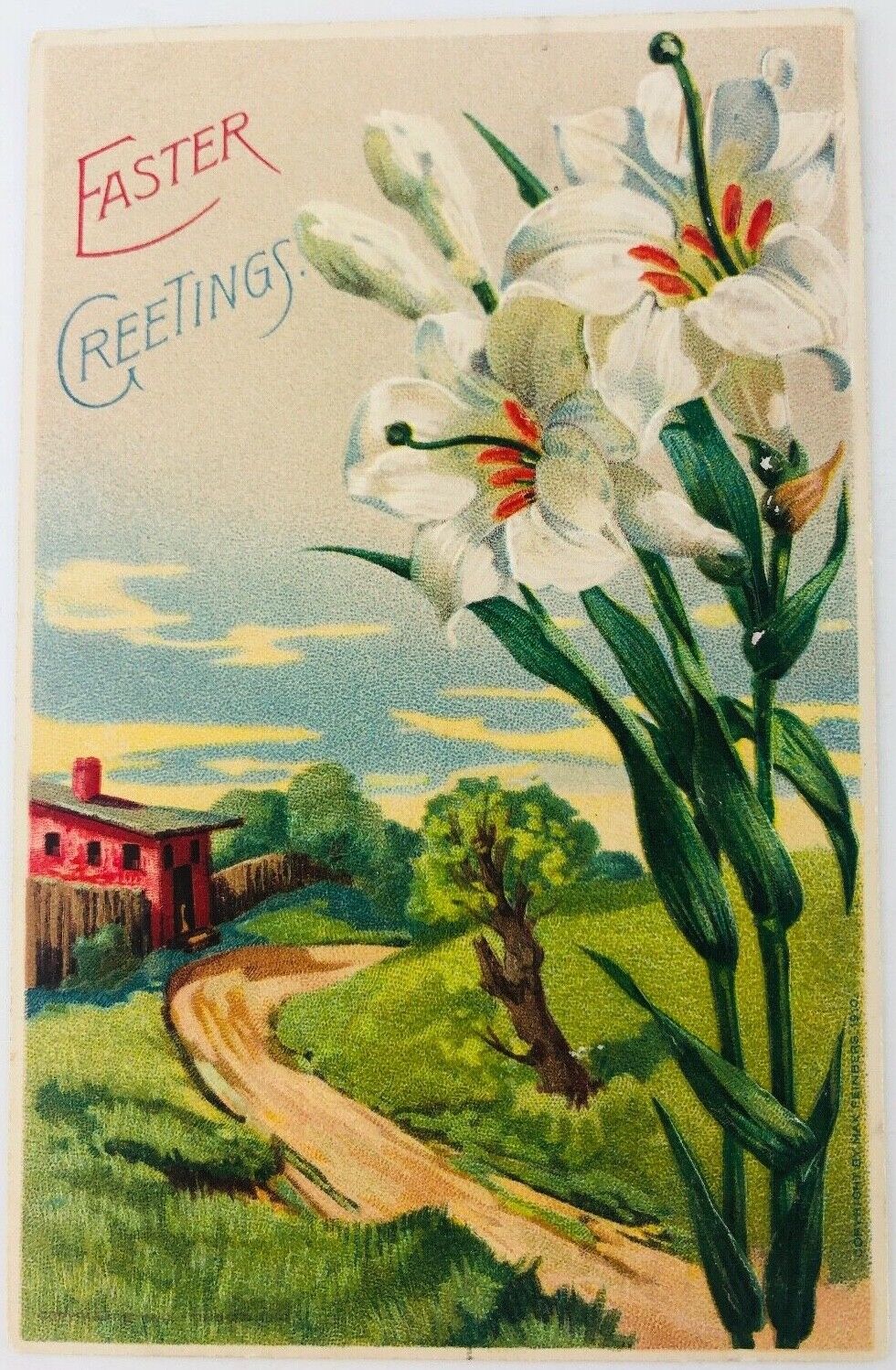 Vintage Easter Greetings Embossed Postcard Country Lane with Lillies 1912
