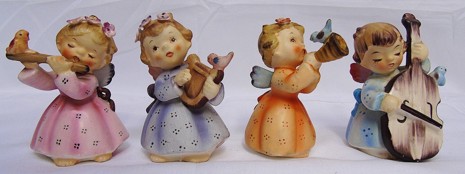 4 Lefton Christmas Angel Band of Musicians w/ Bluebirds Figurines c768