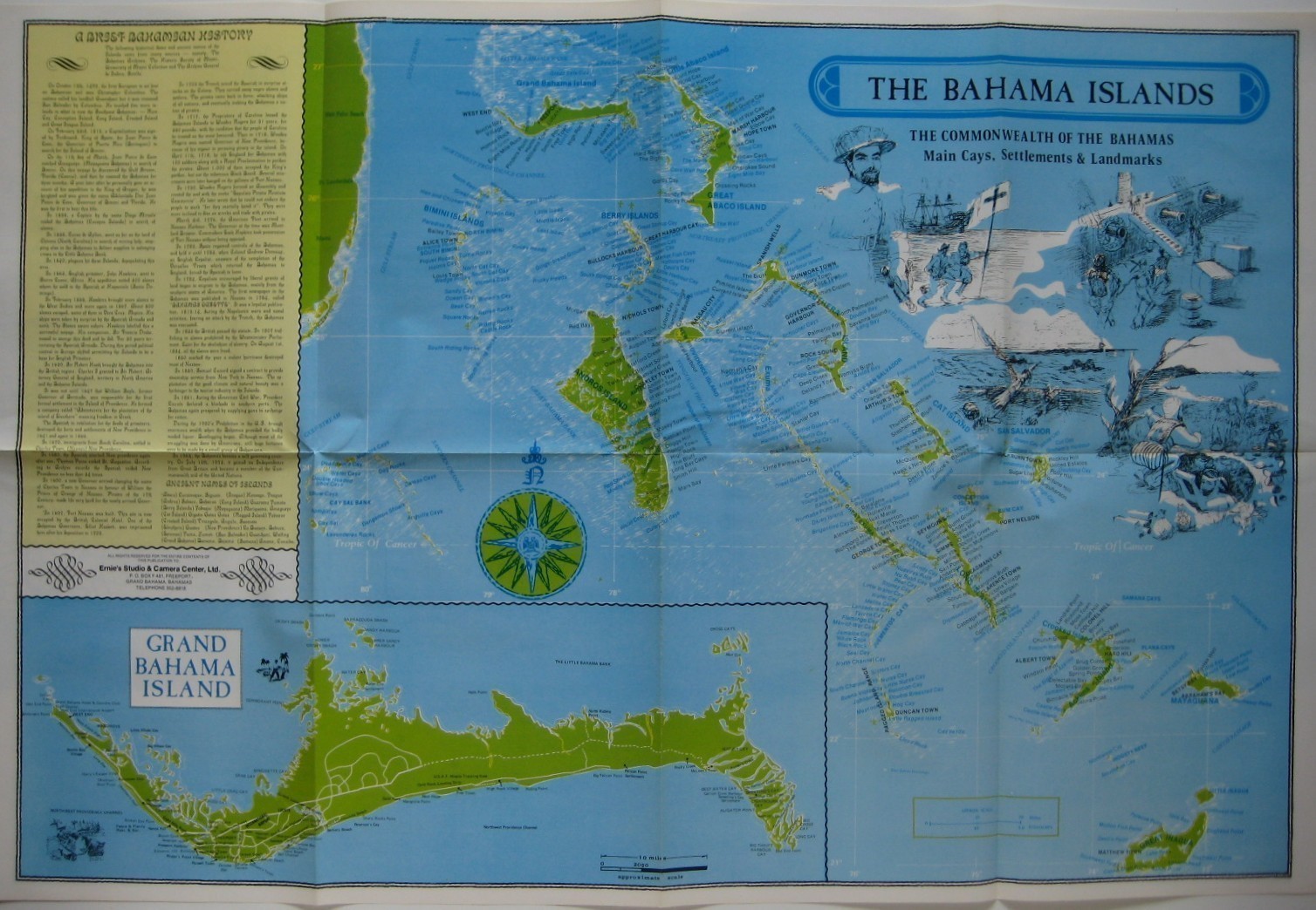 1988 Map BAHAMAS West Indies Freeport Lucaya Bimini Andros Fortune Beach Airport