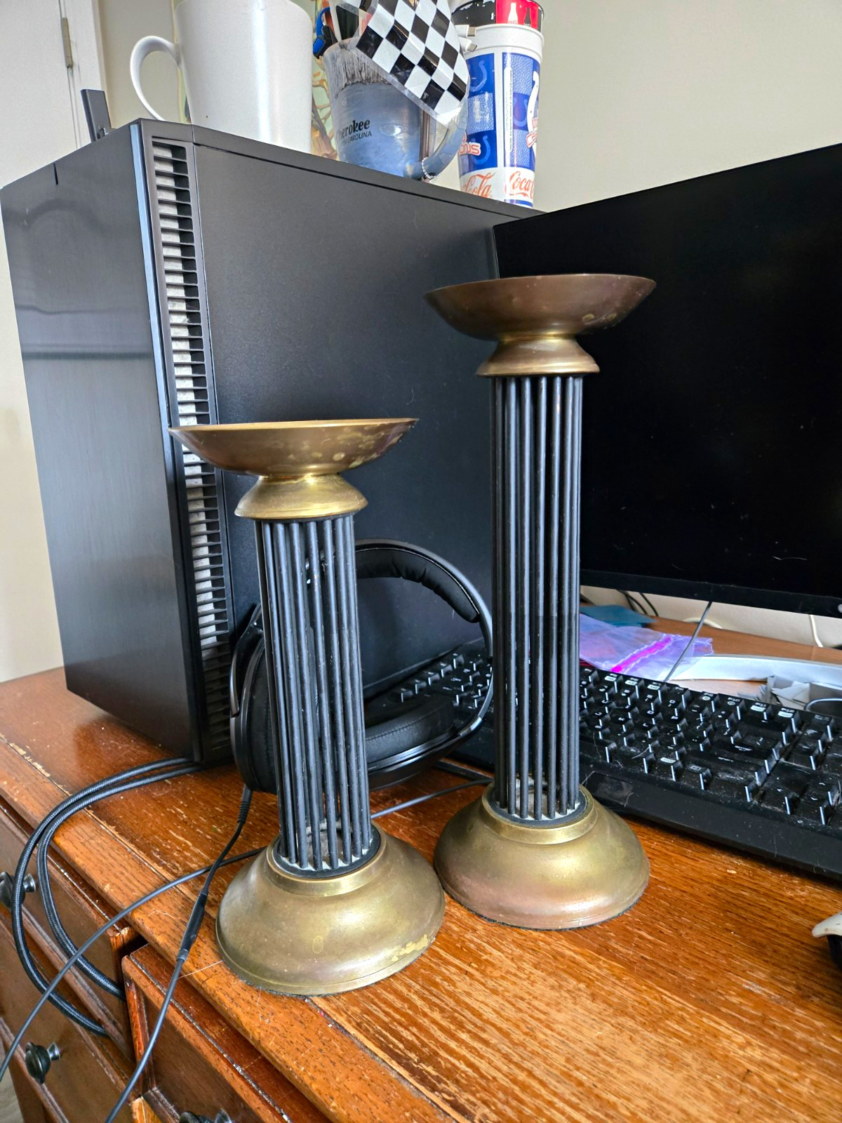 Vintage Art Deco / MCM Brass Spike Candle Holders, Fluted Column, Graduated Pair