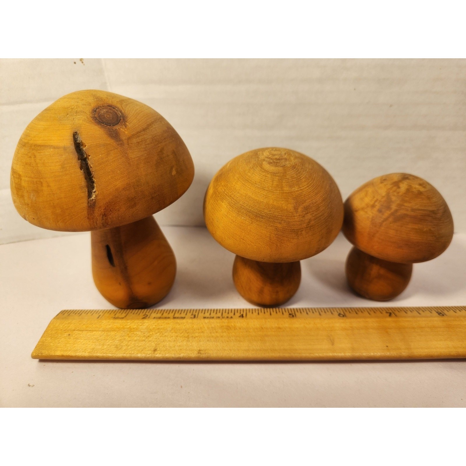 3 Mushrooms Vintage Hand Made Wooden Rustic Farmhouse Fairy Stool Knick Knack