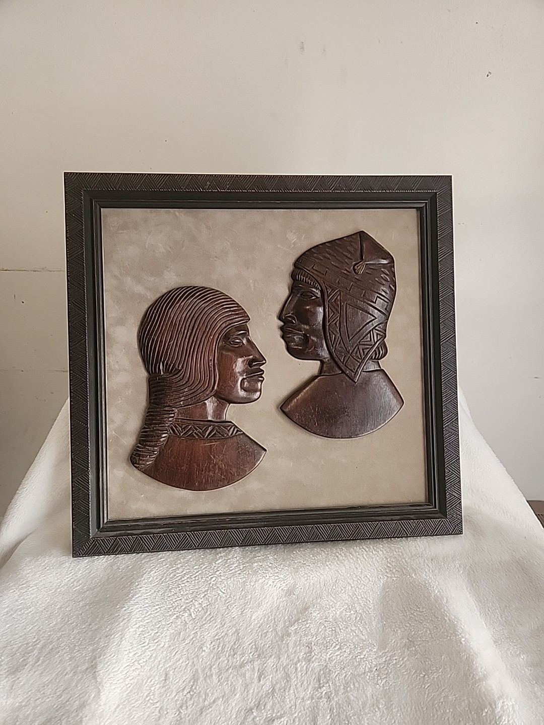 Vtg Wooden African Profile Man Woman Tribal Carved Wall Hanging Framed Artwork