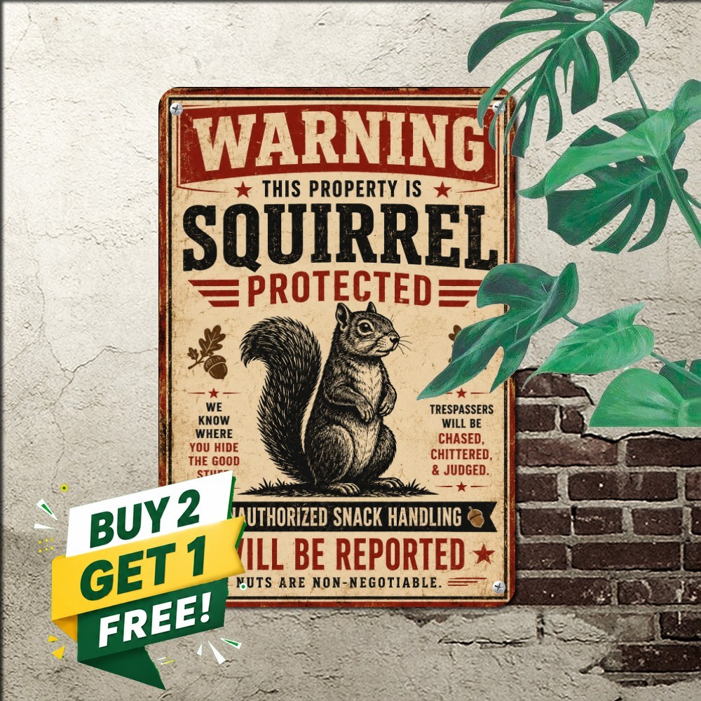 Squirrel Patrol Yard Warning Metal Sign Funny Garden Wildlife Tin Decor 8x12