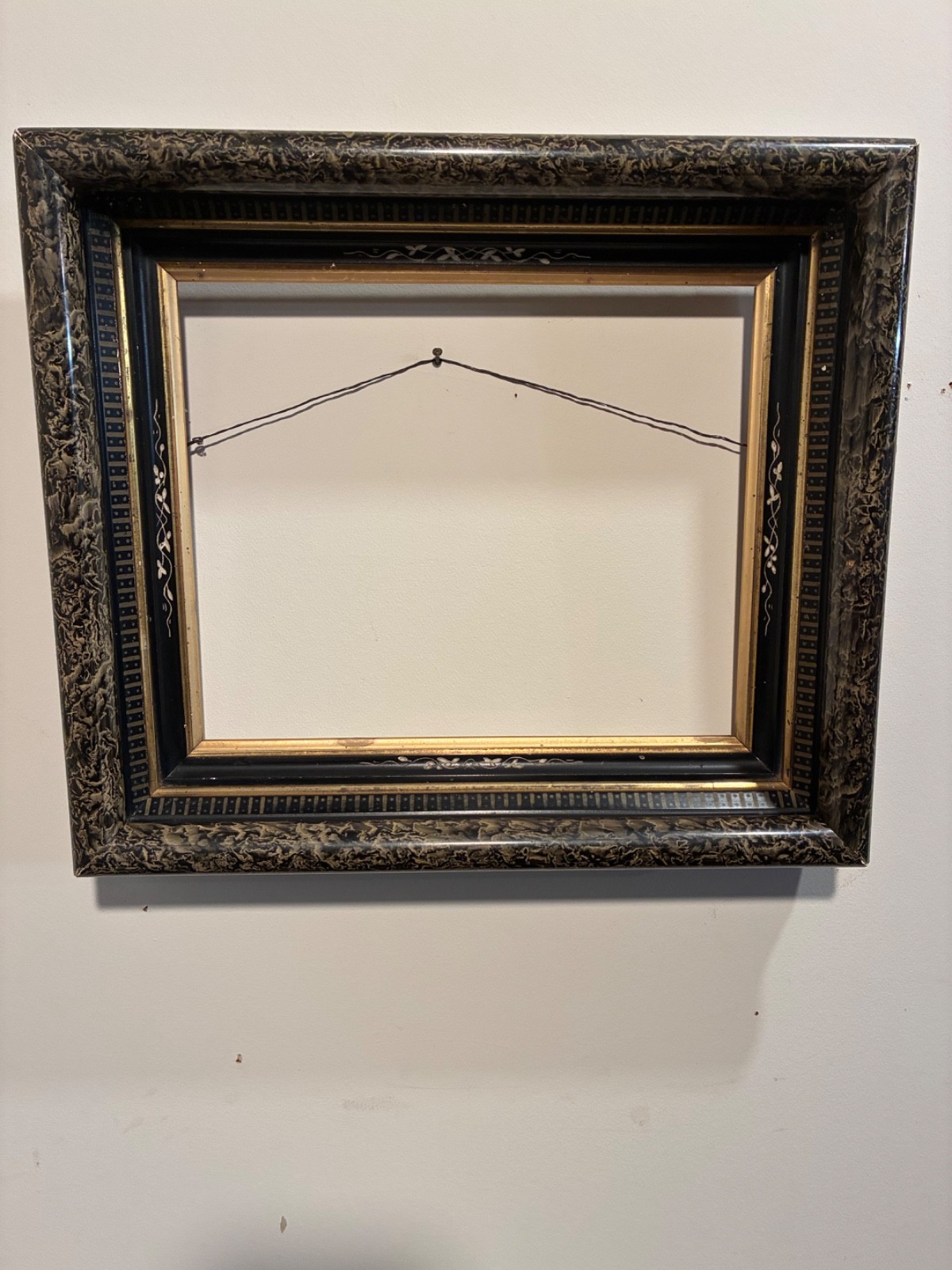 Antique Victorian Deep Well Picture Frame Black Marbled Edge Gold Gilt 9 x11