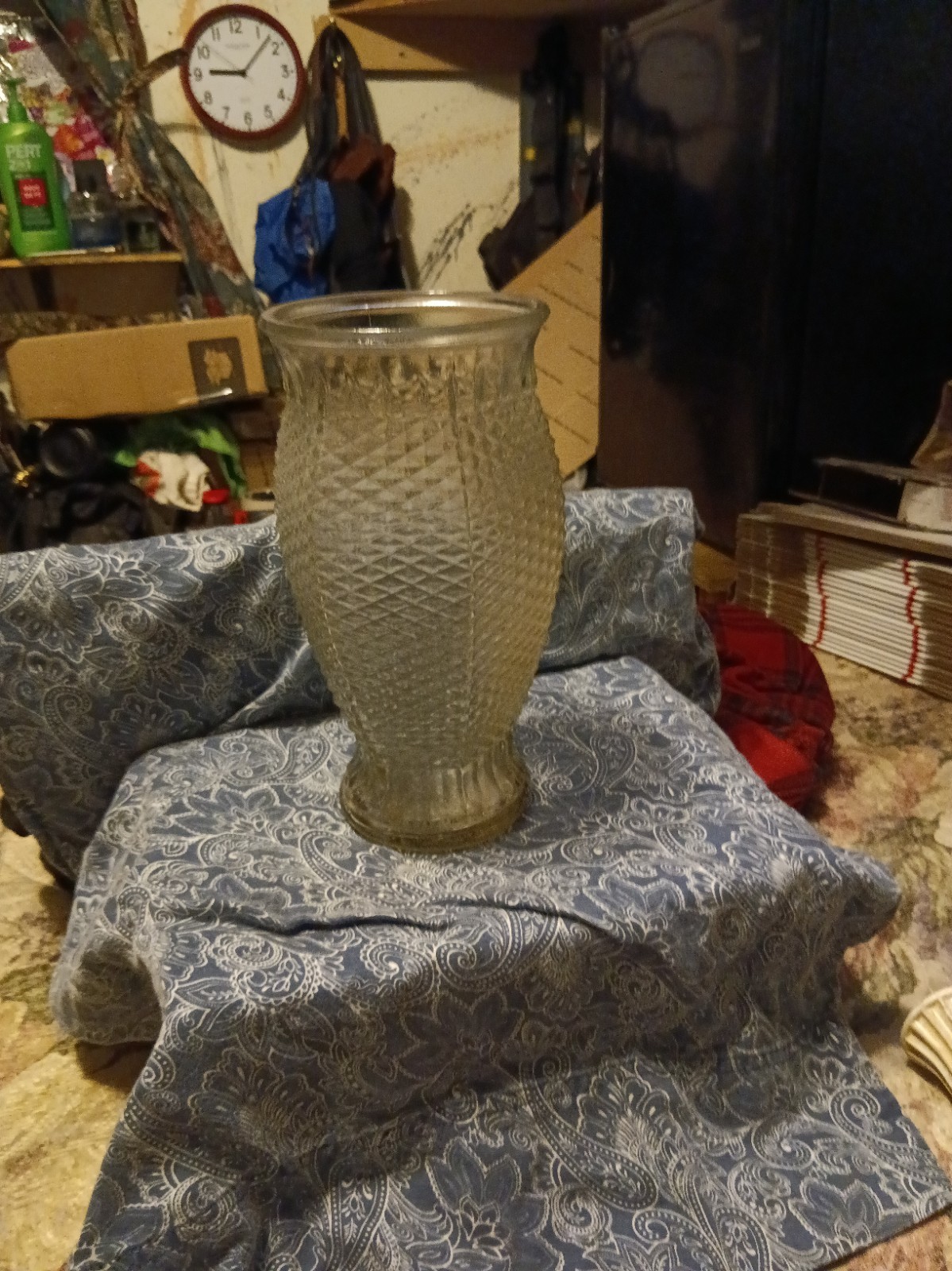 vintage clear glass diamond cut or pineapple pattern fleral vase