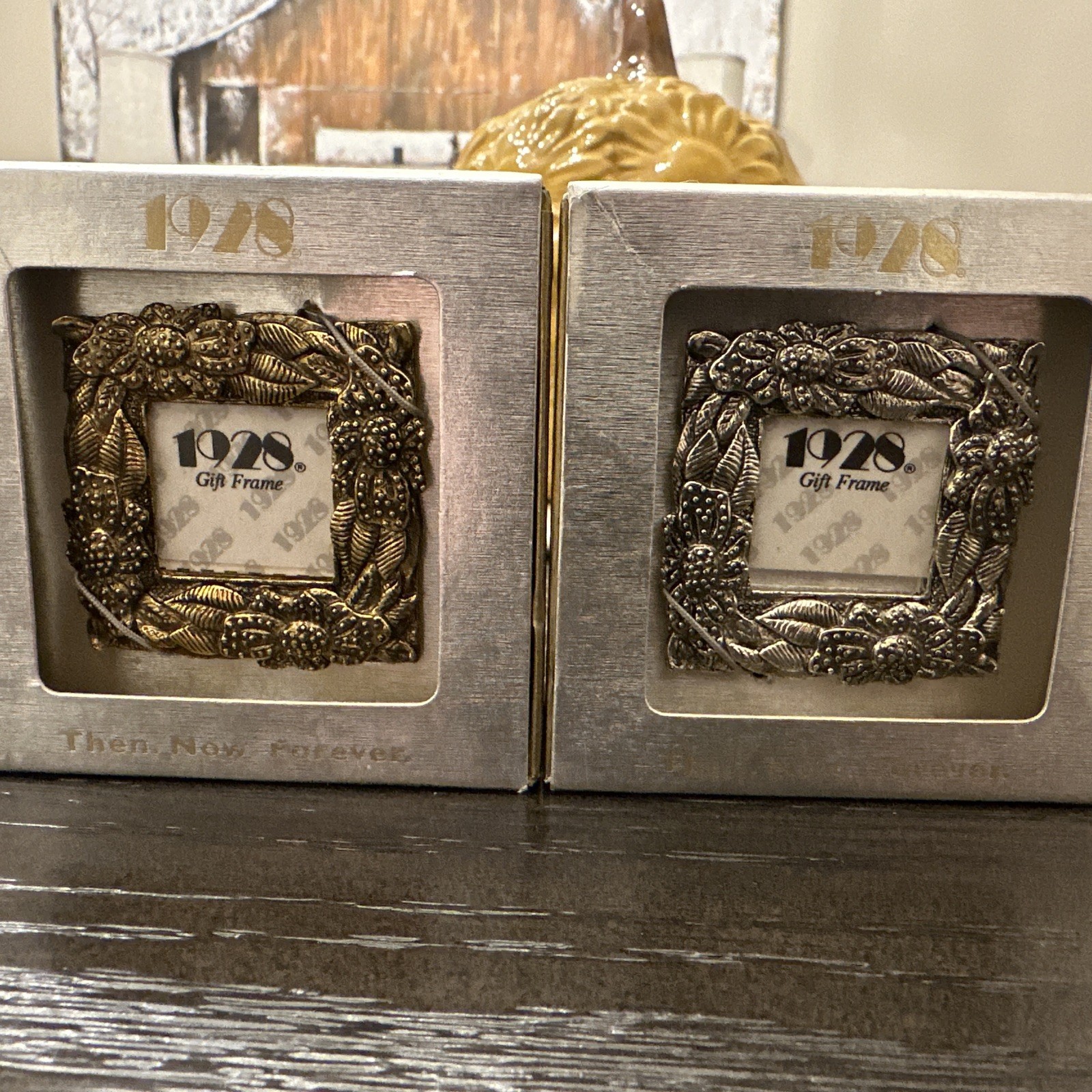 (2) 1928 Brand-Miniature Picture Frames-Ornate-Gold/Silver-NEW/NIP-2” Sq-Lovely