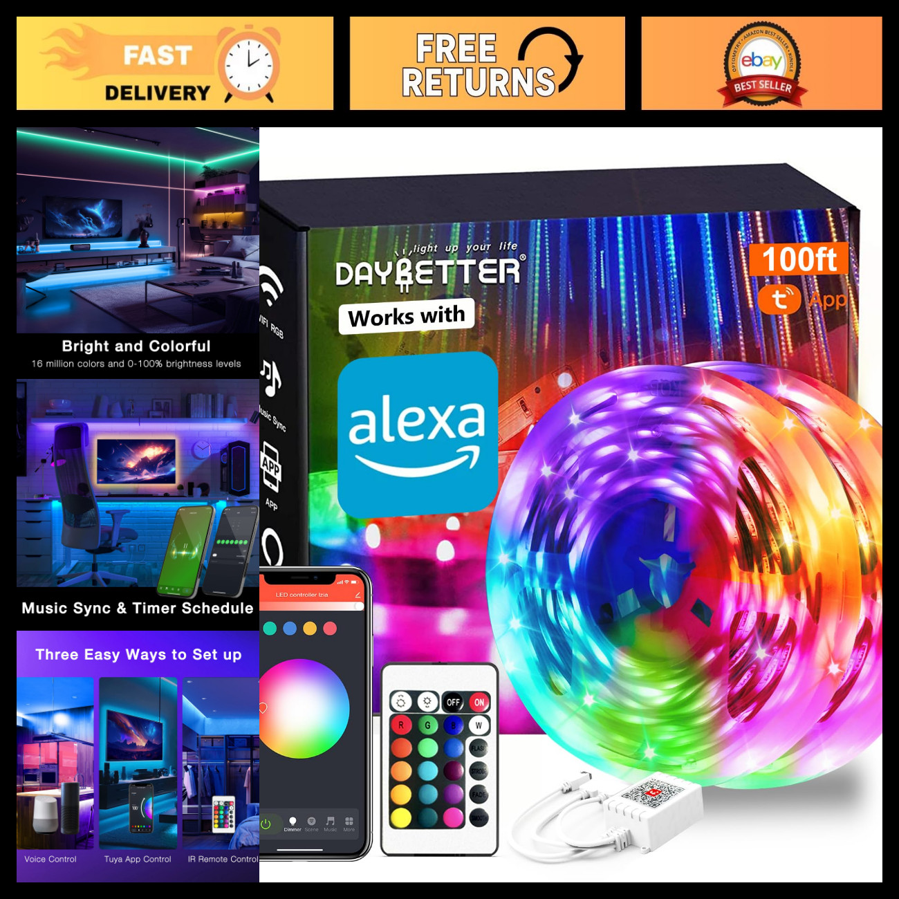 DAYBETTER Smart WiFi Led Lights 100ft, Tuya App Controlled Led Strip Lights, Wor