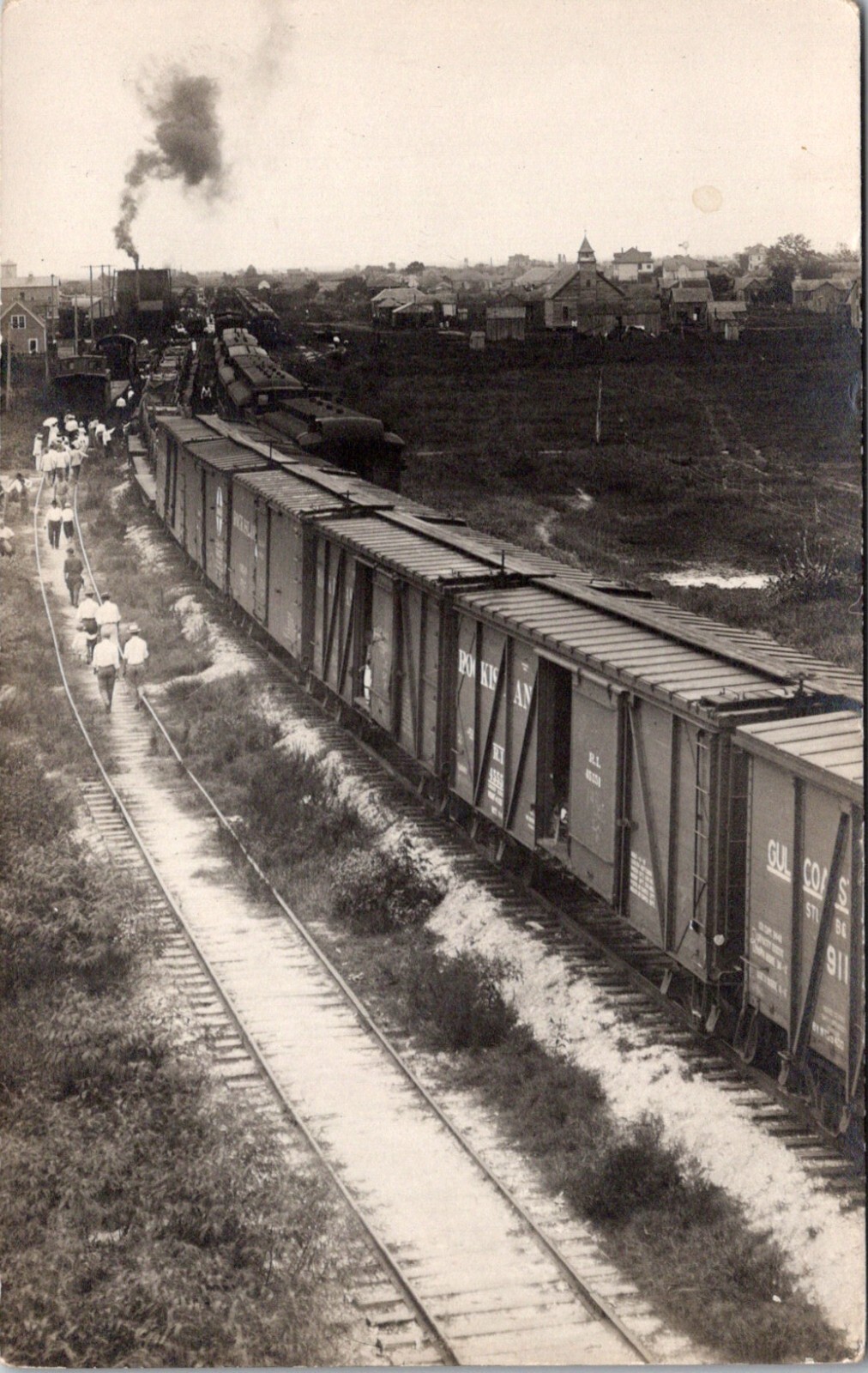  People on Train Tracks Line of Boxcars Vintage RPPC Postcard c.1904-1920s 23745