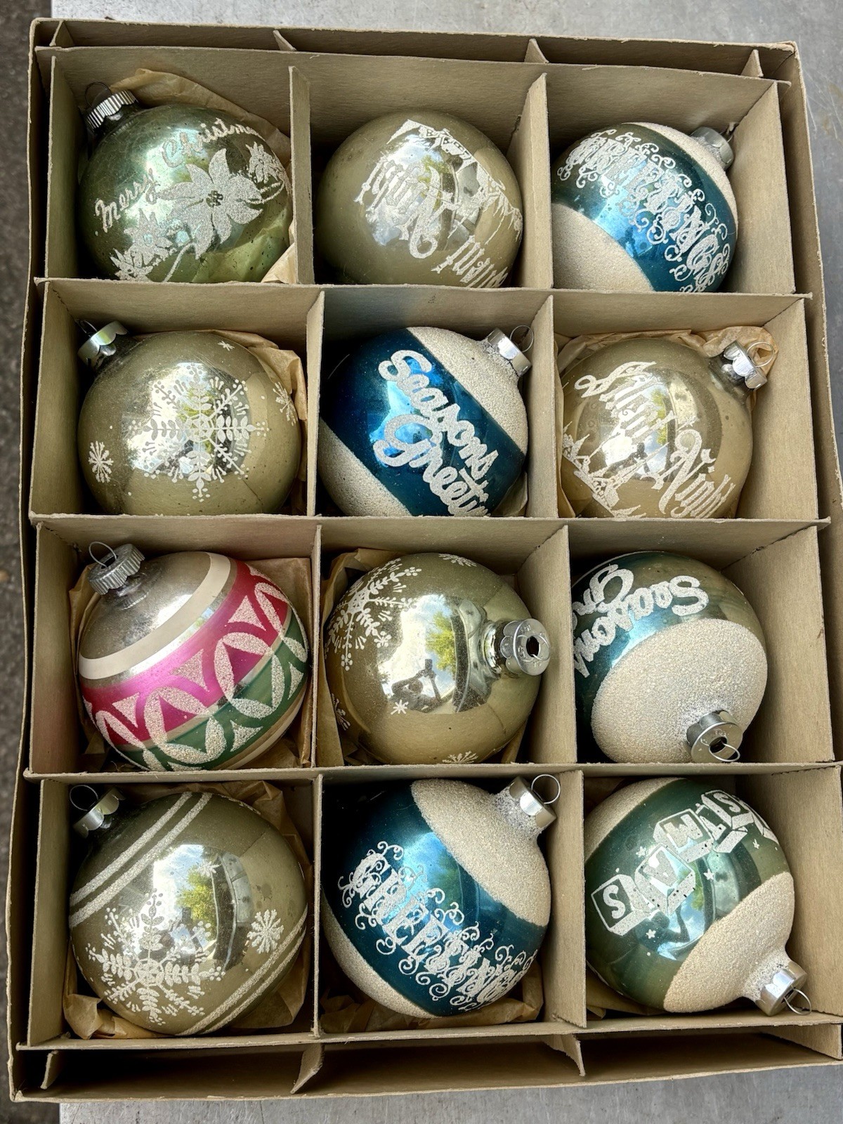 Vintage Shiny Brite Jumbo Stencil-Mica Christmas Ornaments 4” Original Box of 12